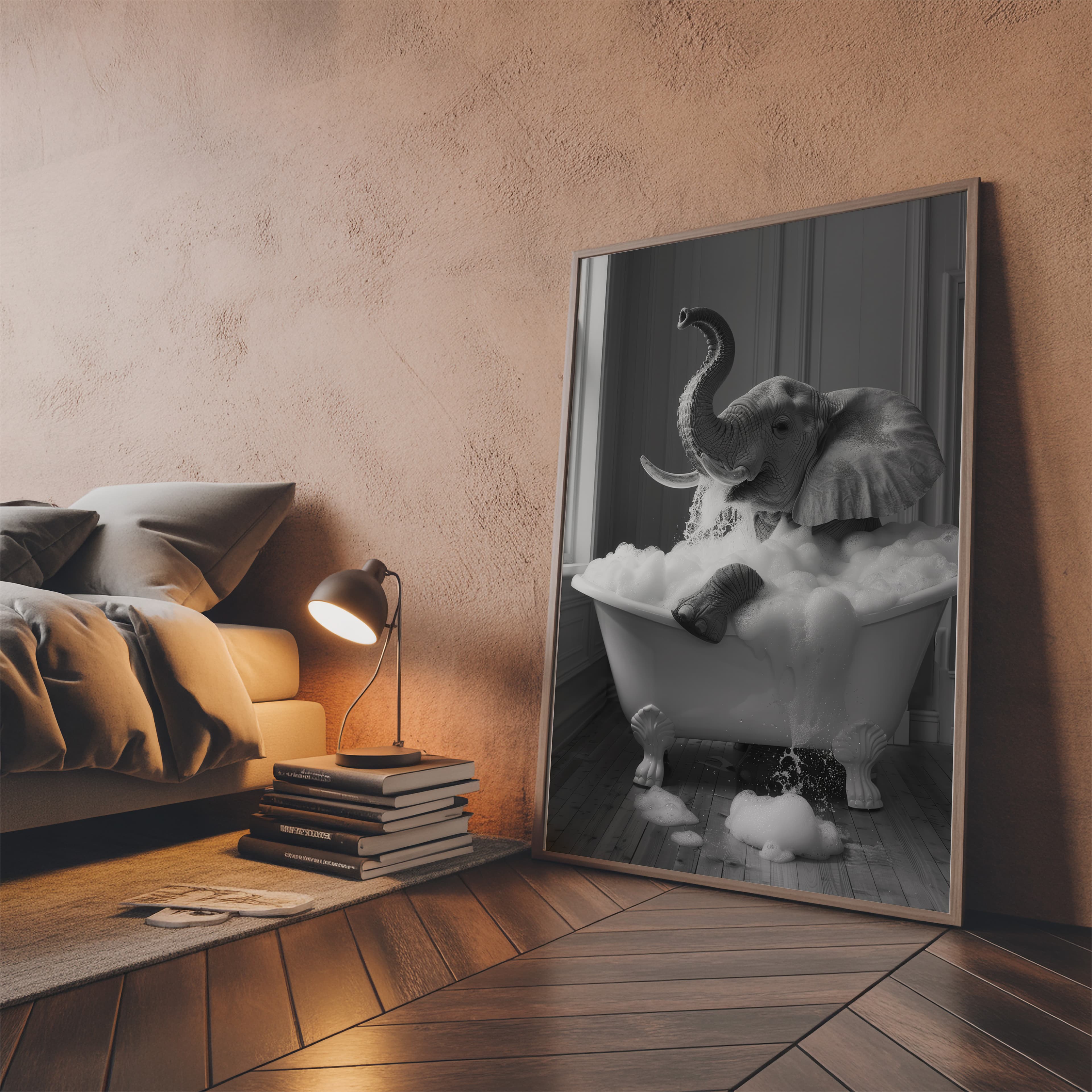 Elephant in Bathtub Print, Funny Bathroom Wall Art, Nursery Decor