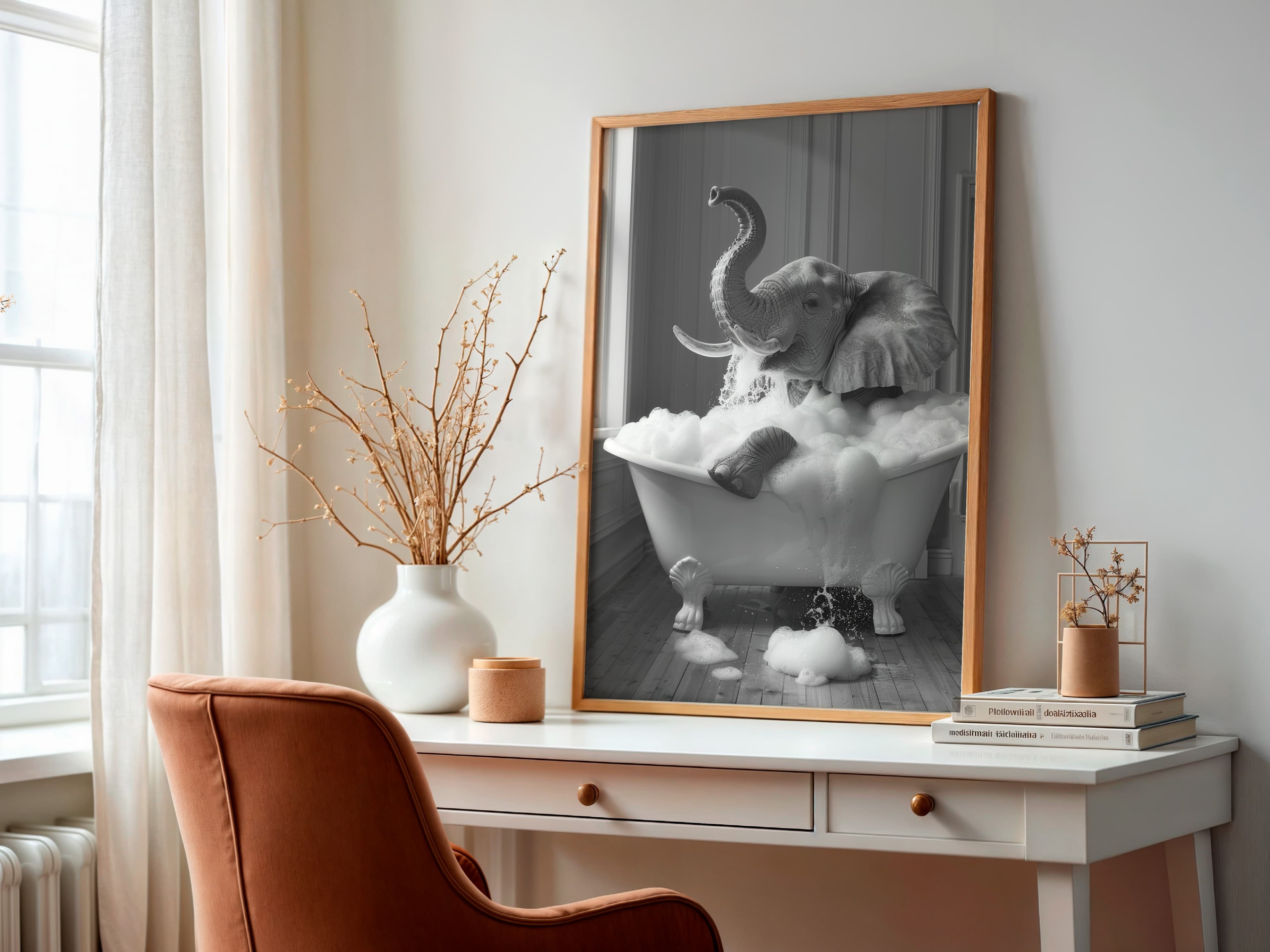 Elephant in Bathtub Print, Funny Bathroom Wall Art, Nursery Decor