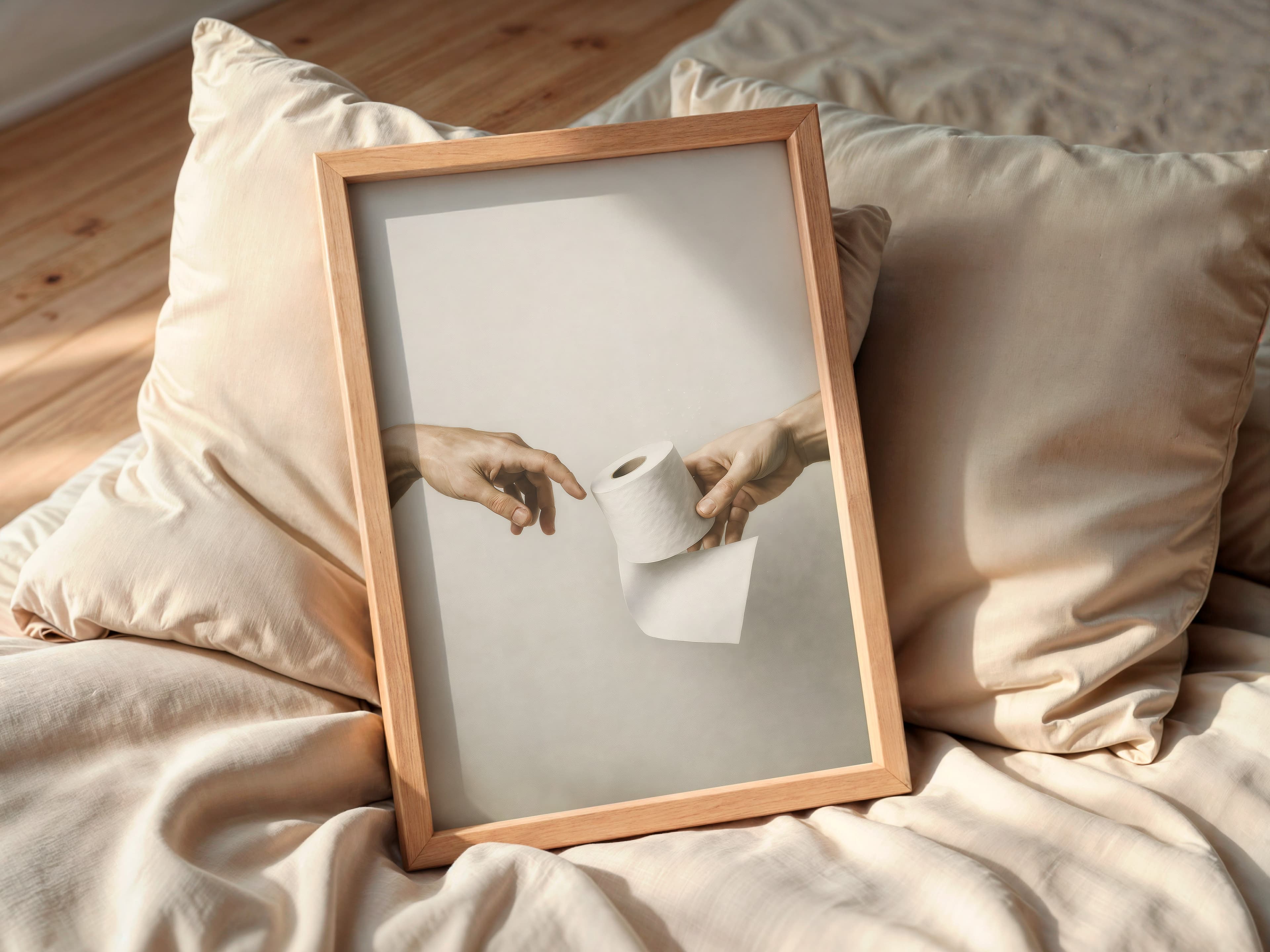 Michelangelo Creation Parody Poster, Toilet Paper Humor Art, Powder Room Decor