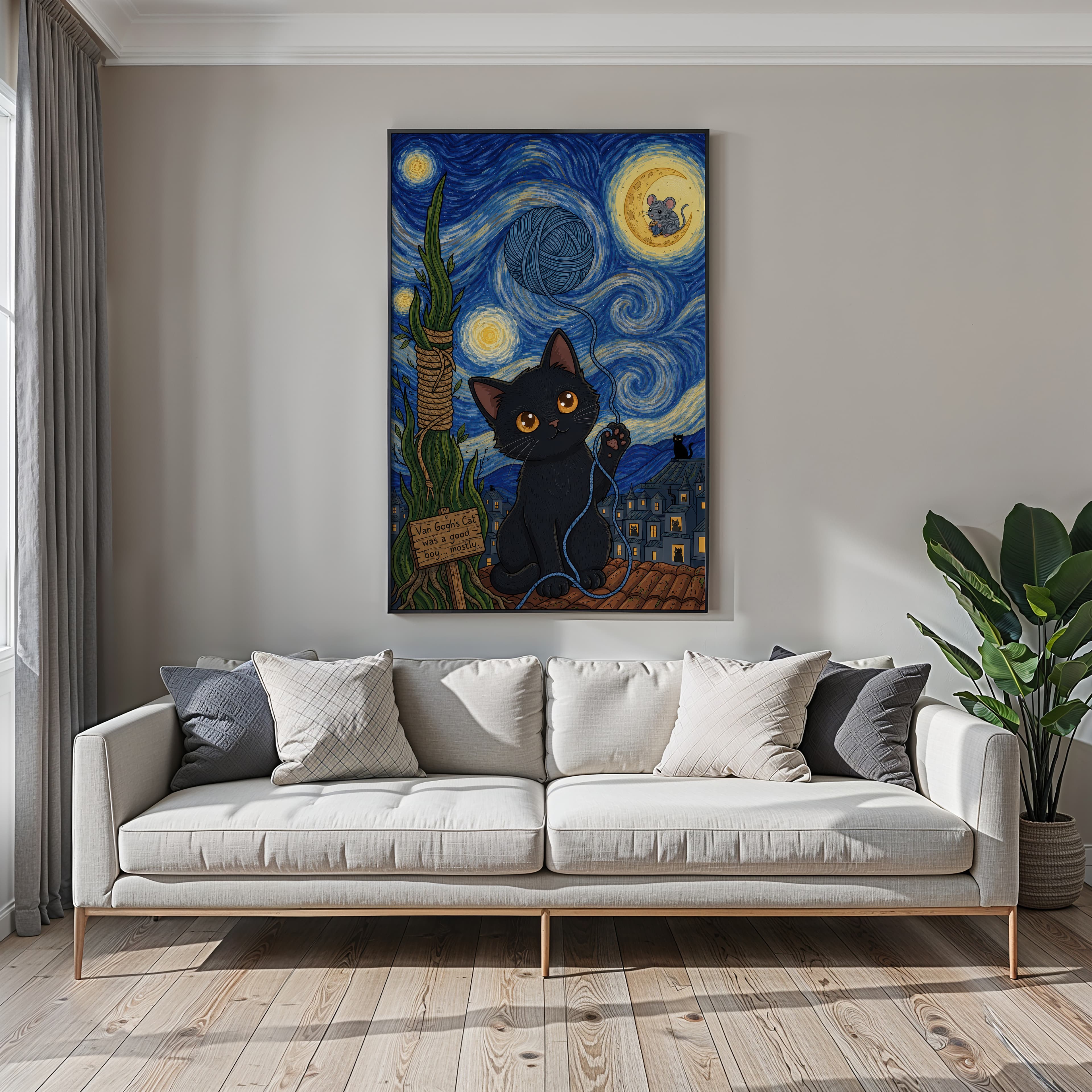 Black Cat Starry Night Print