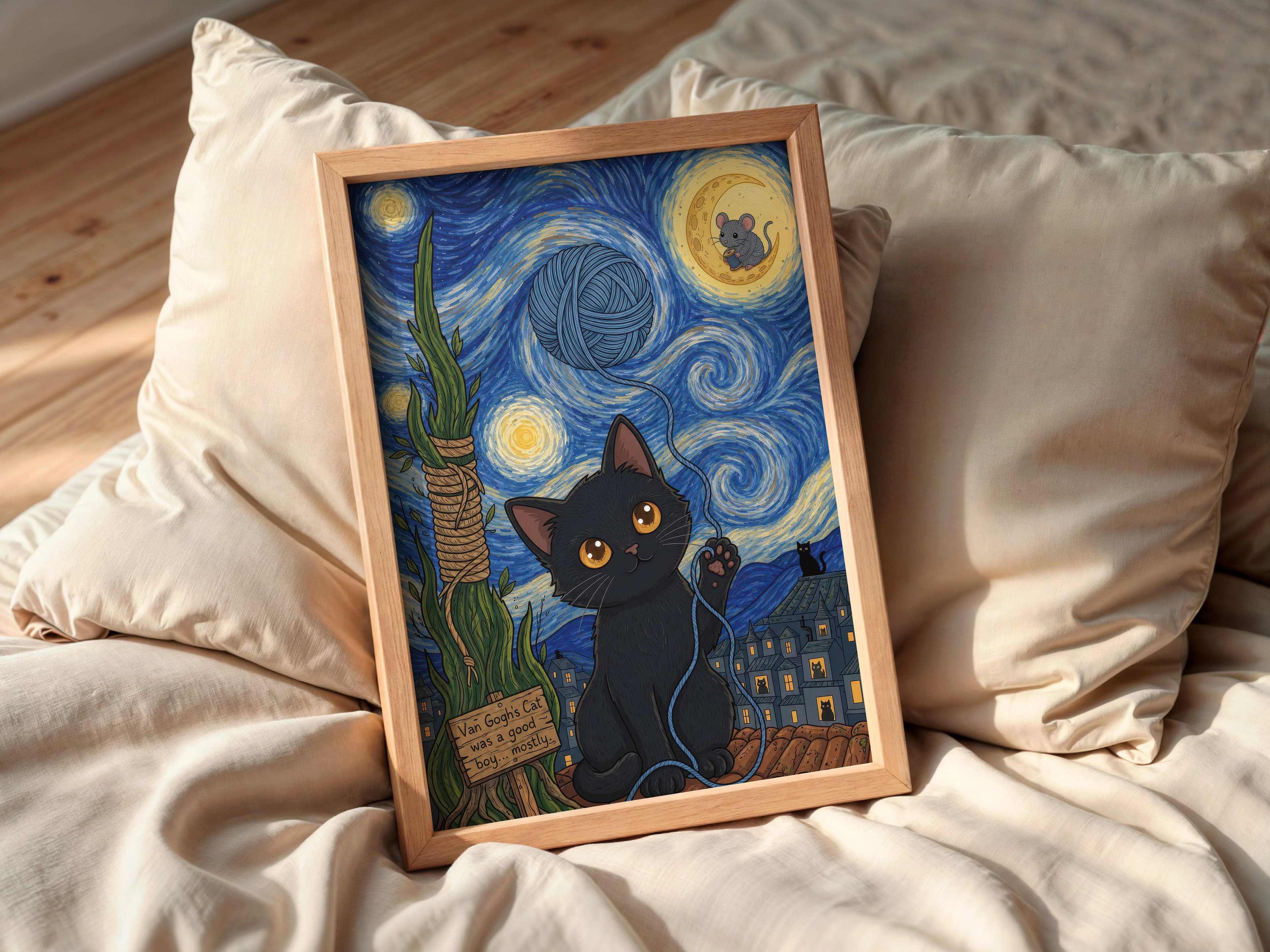 Black Cat Starry Night Print
