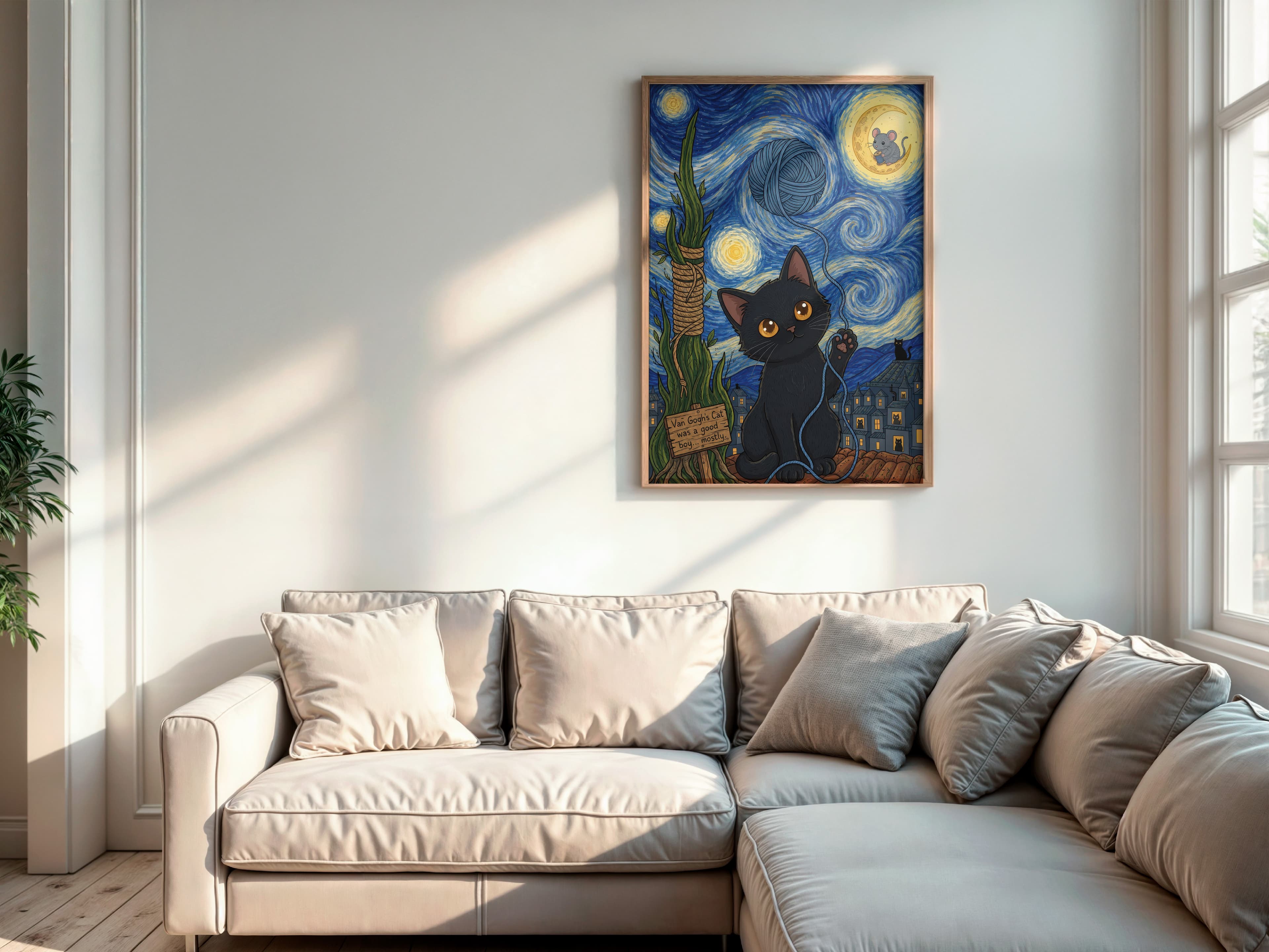 Black Cat Starry Night Print