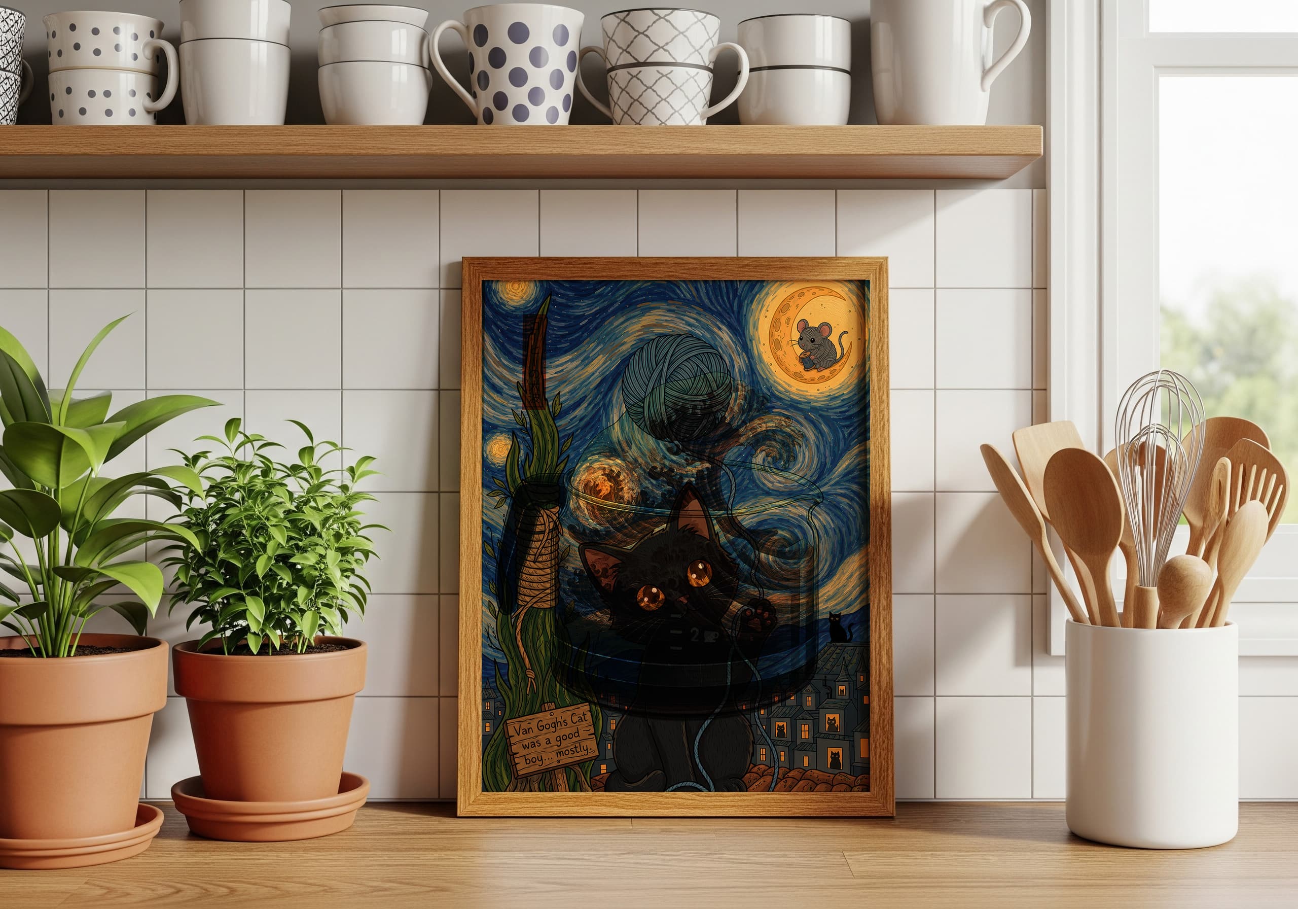 Black Cat Starry Night Print