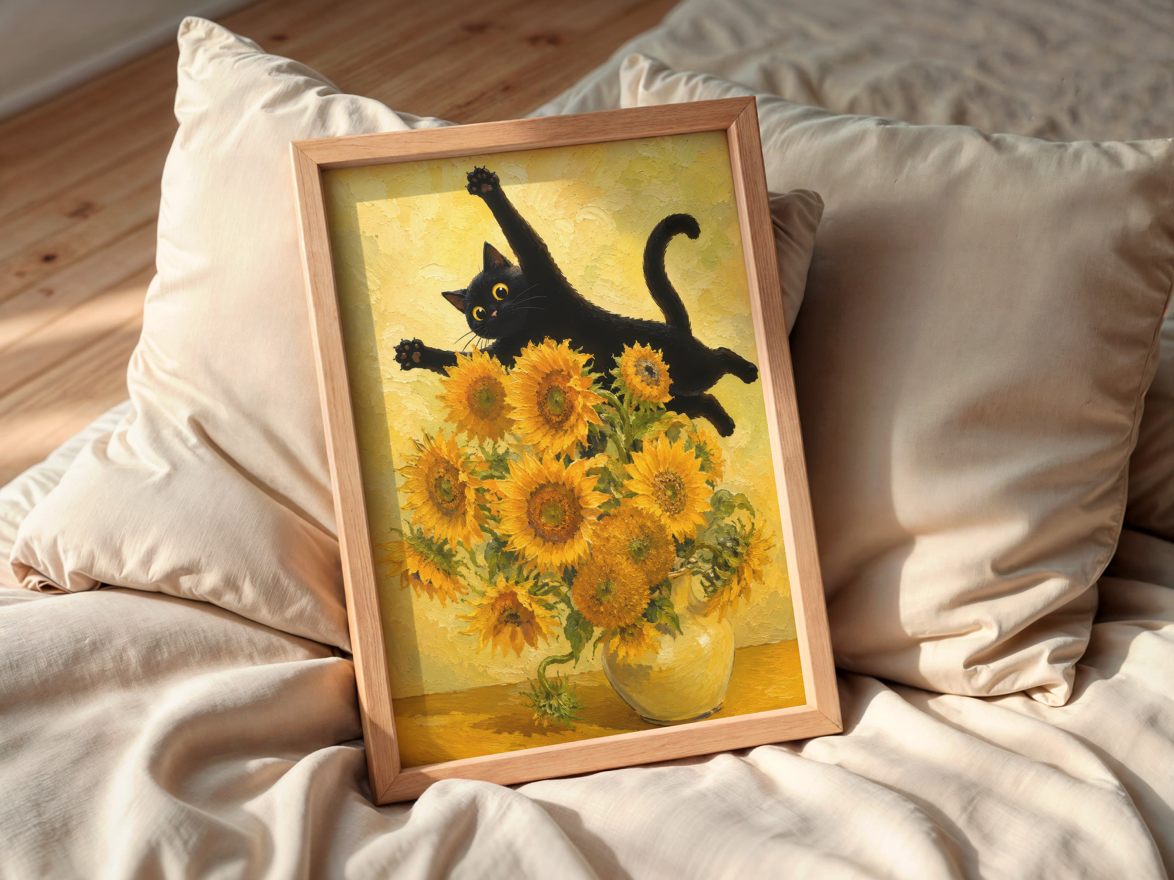 Black Cat Sunflowers Print