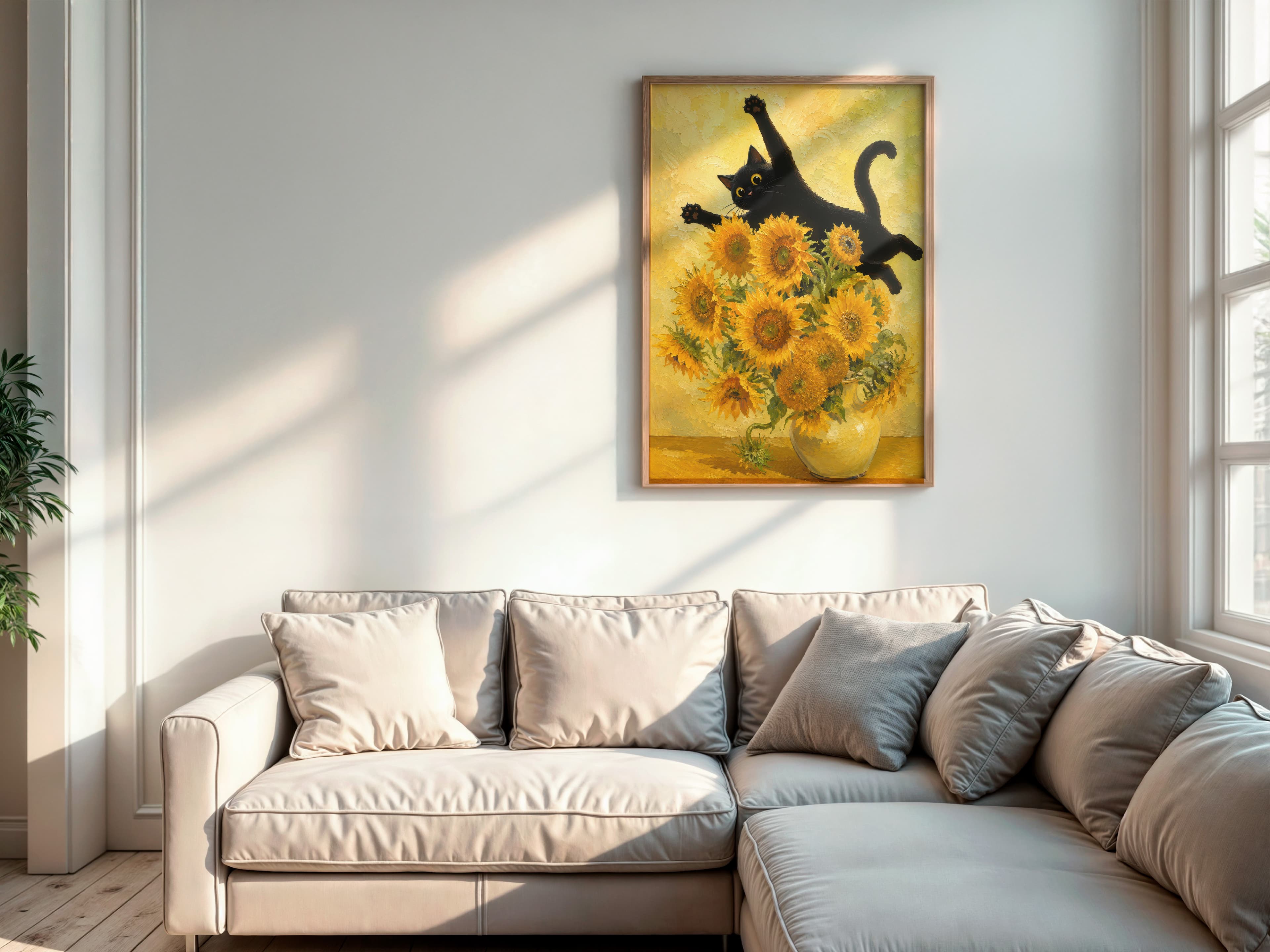 Black Cat Sunflowers Print
