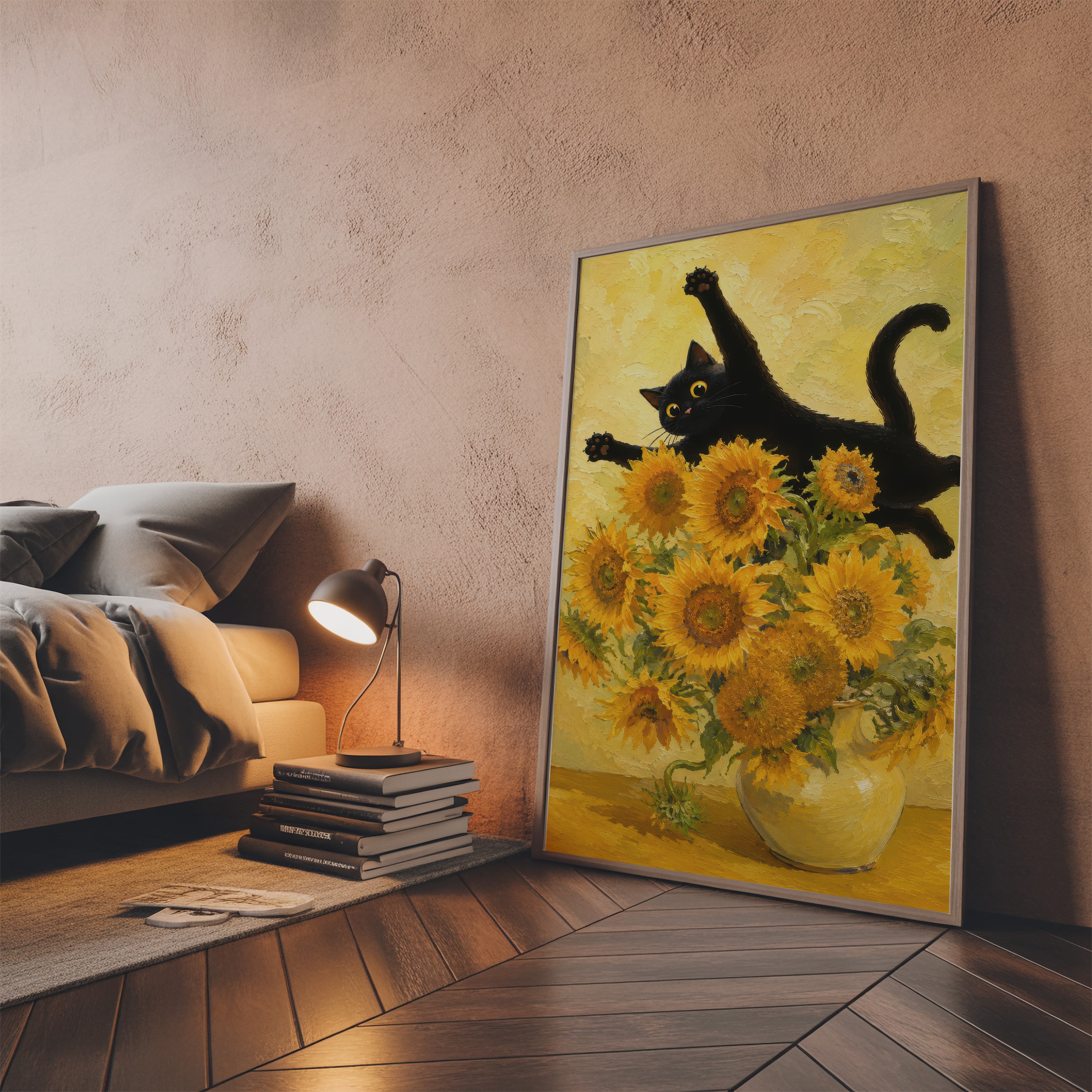 Black Cat Sunflowers Print