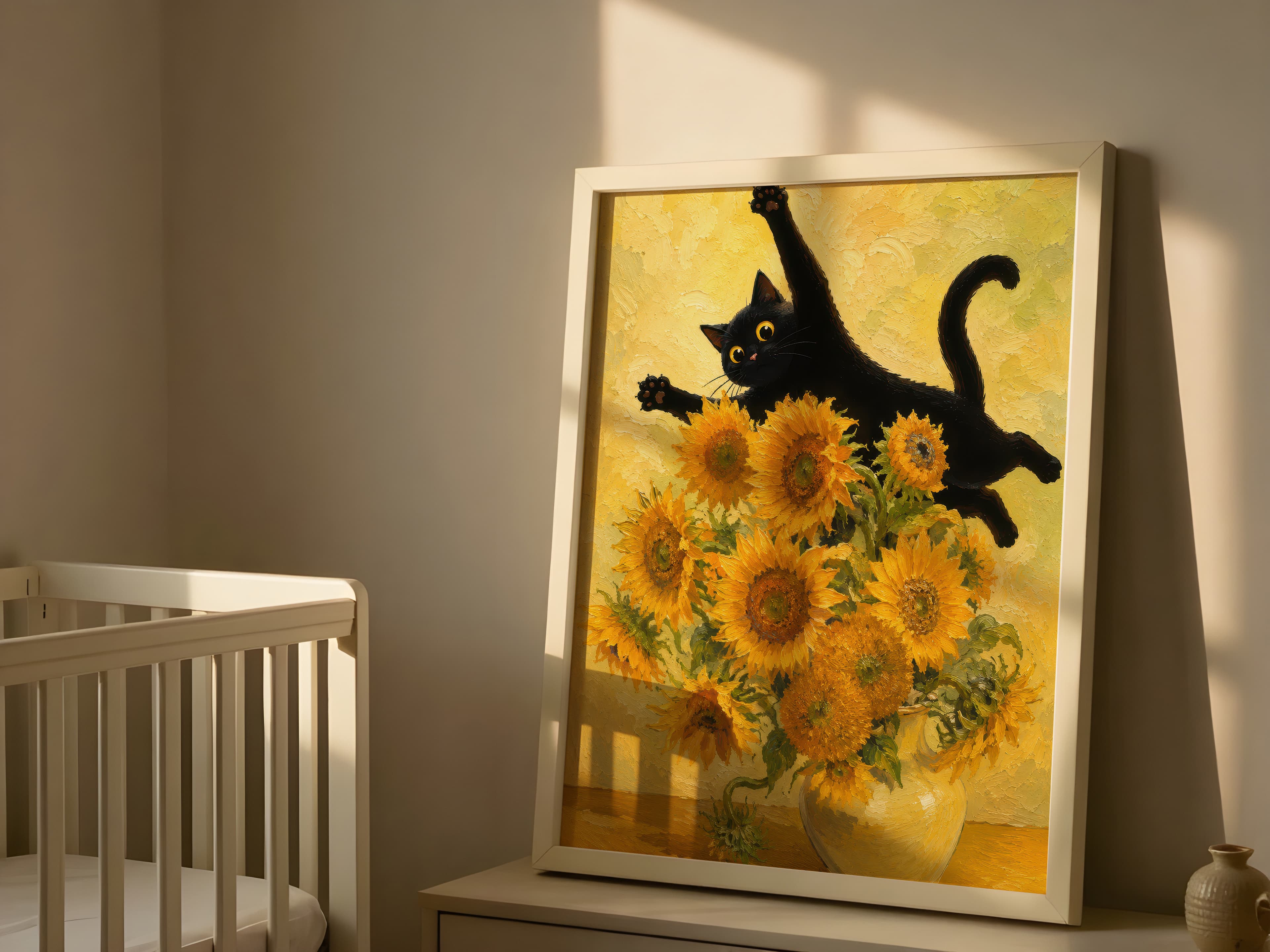 Black Cat Sunflowers Print