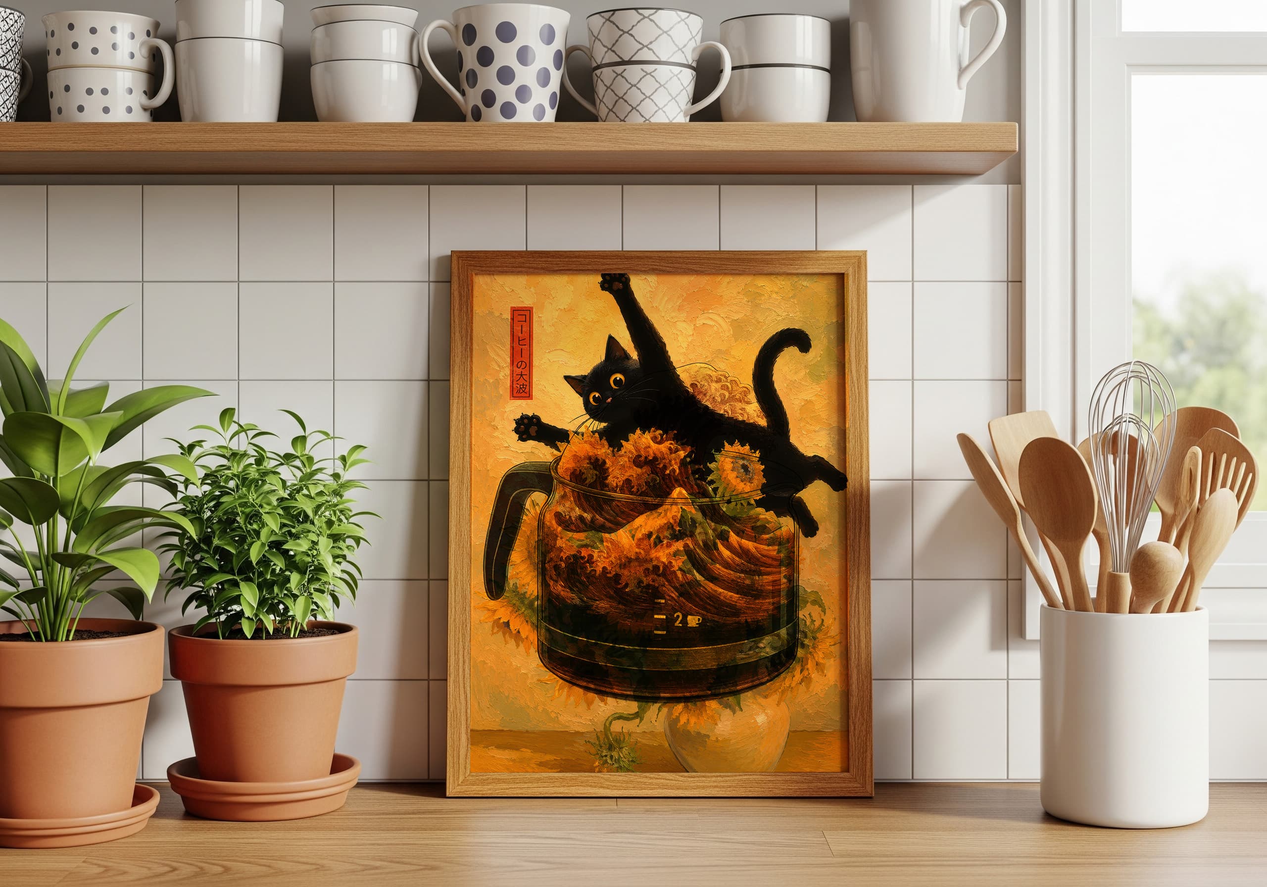 Black Cat Sunflowers Print