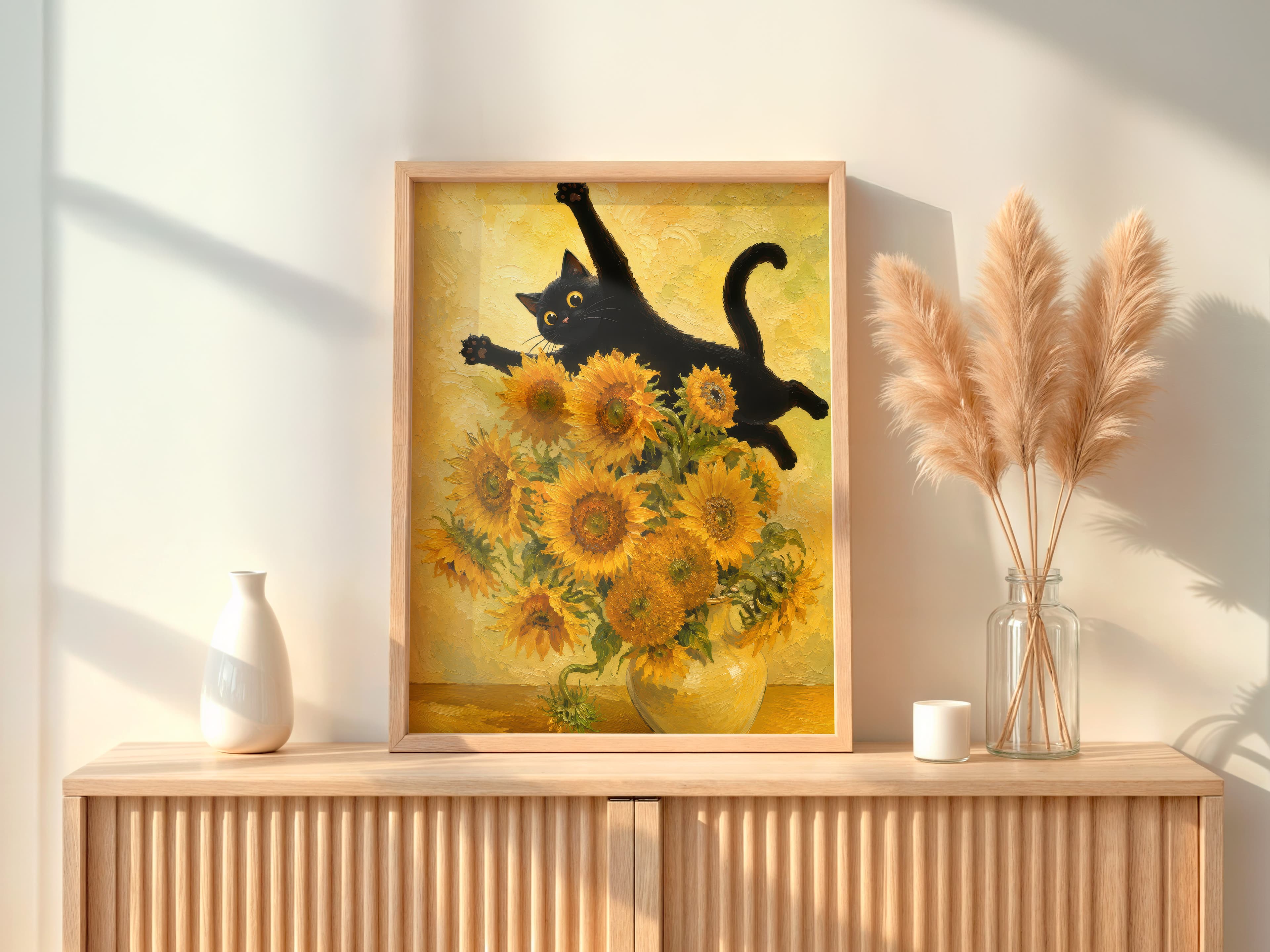 Black Cat Sunflowers Print