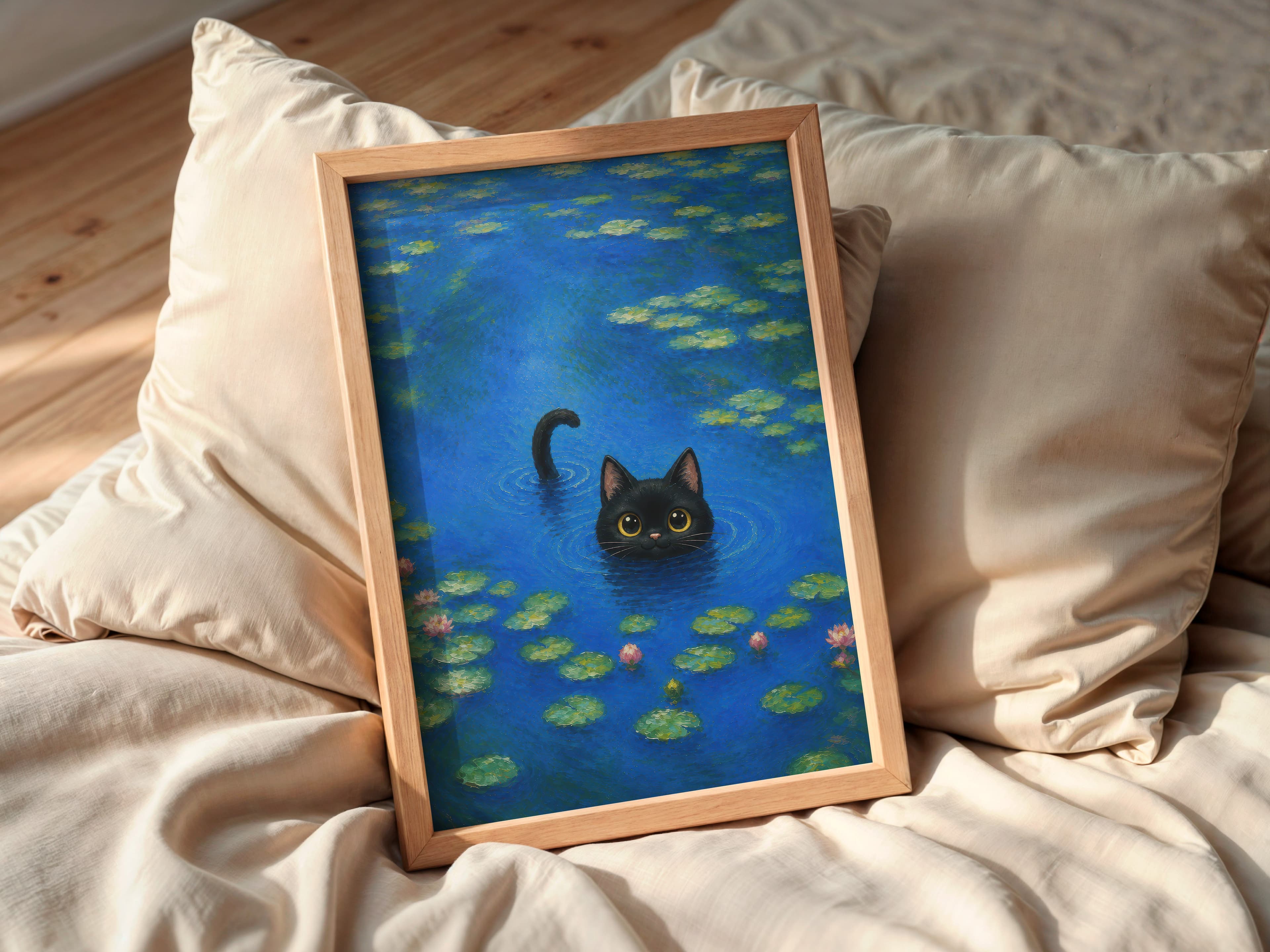 Black Cat Water Lily Pond Art