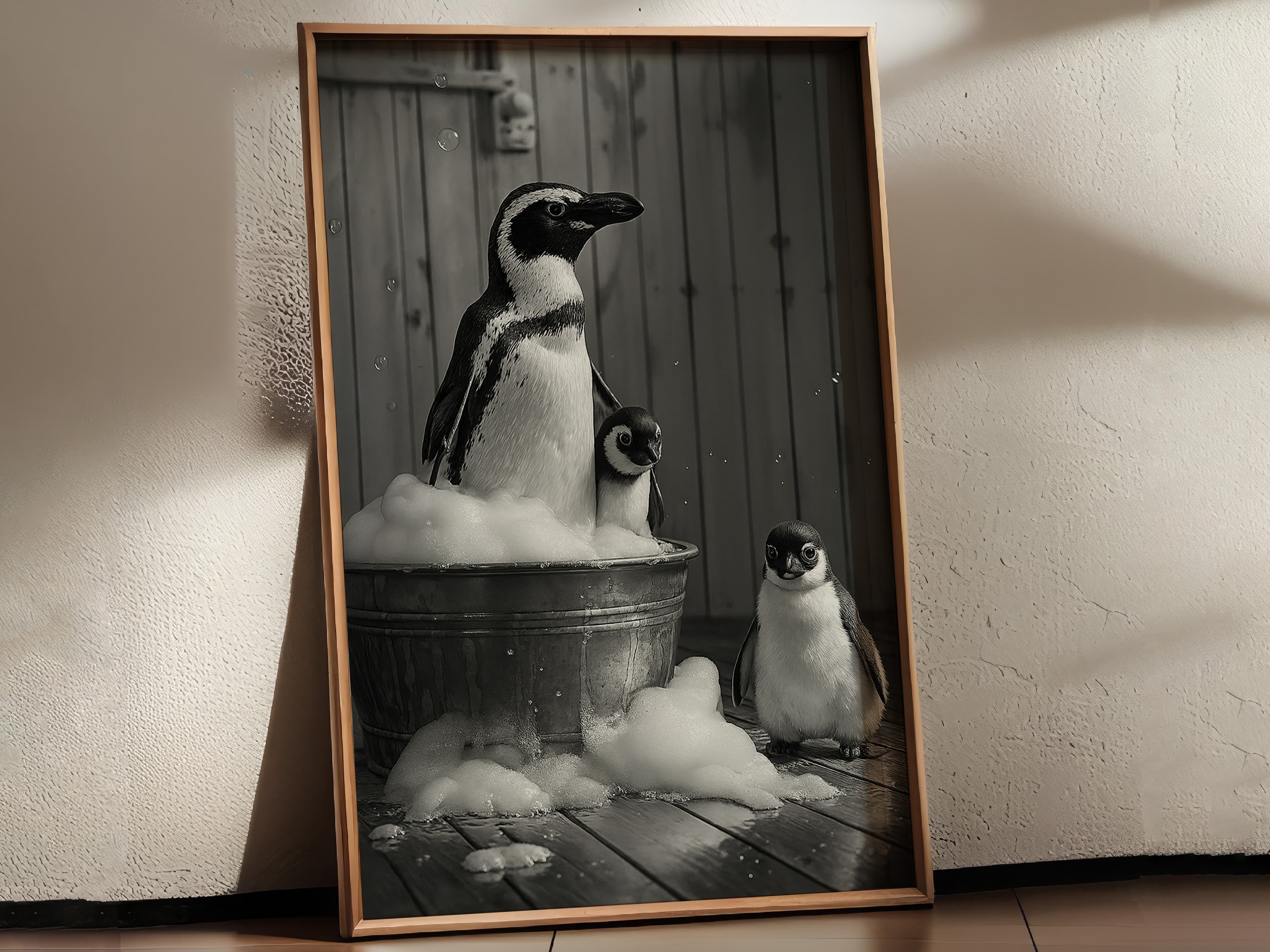 Penguin Family Bubble Bath Print, Funny Bathroom Wall Art, Animal Humor Poster