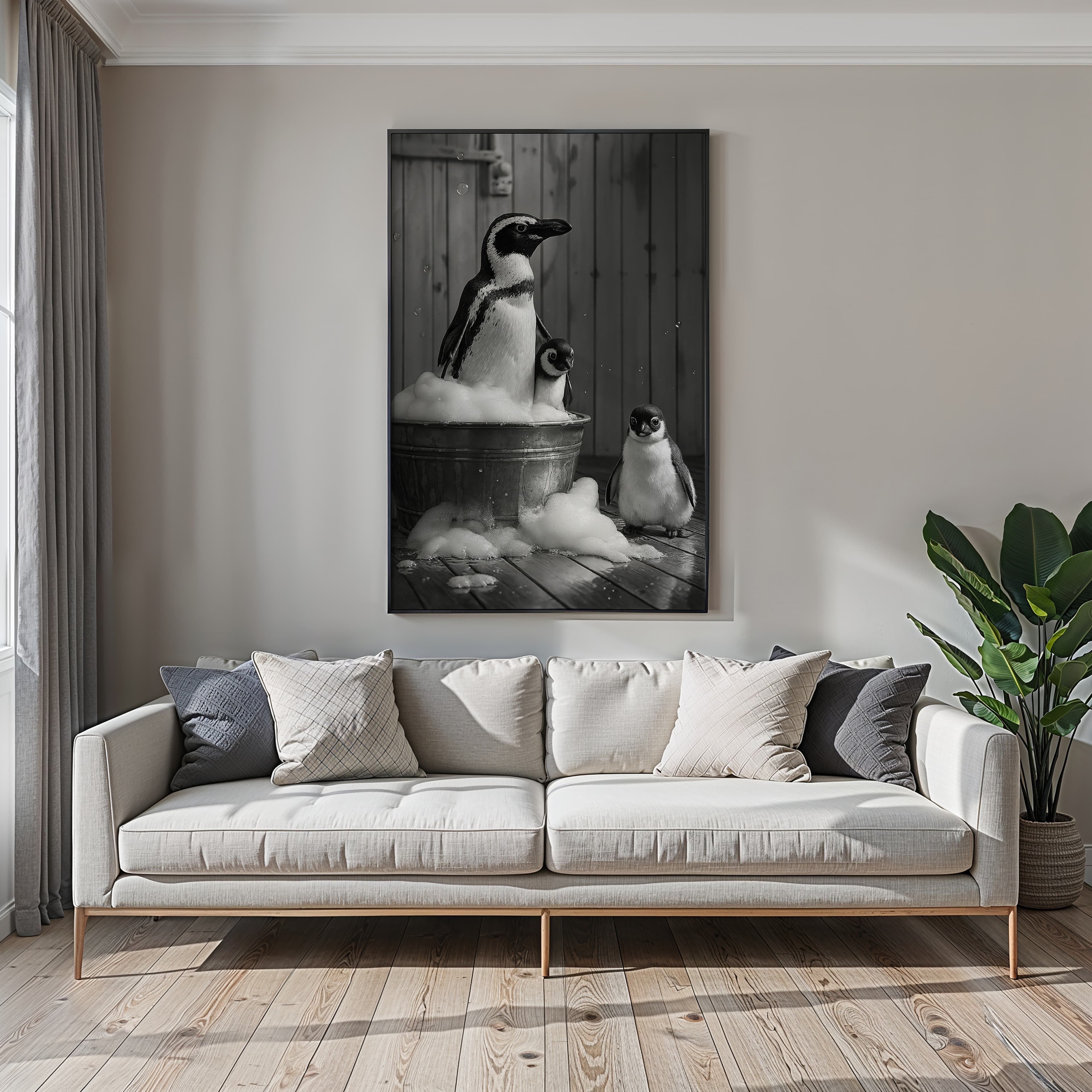 Penguin Family Bubble Bath Print, Funny Bathroom Wall Art, Animal Humor Poster