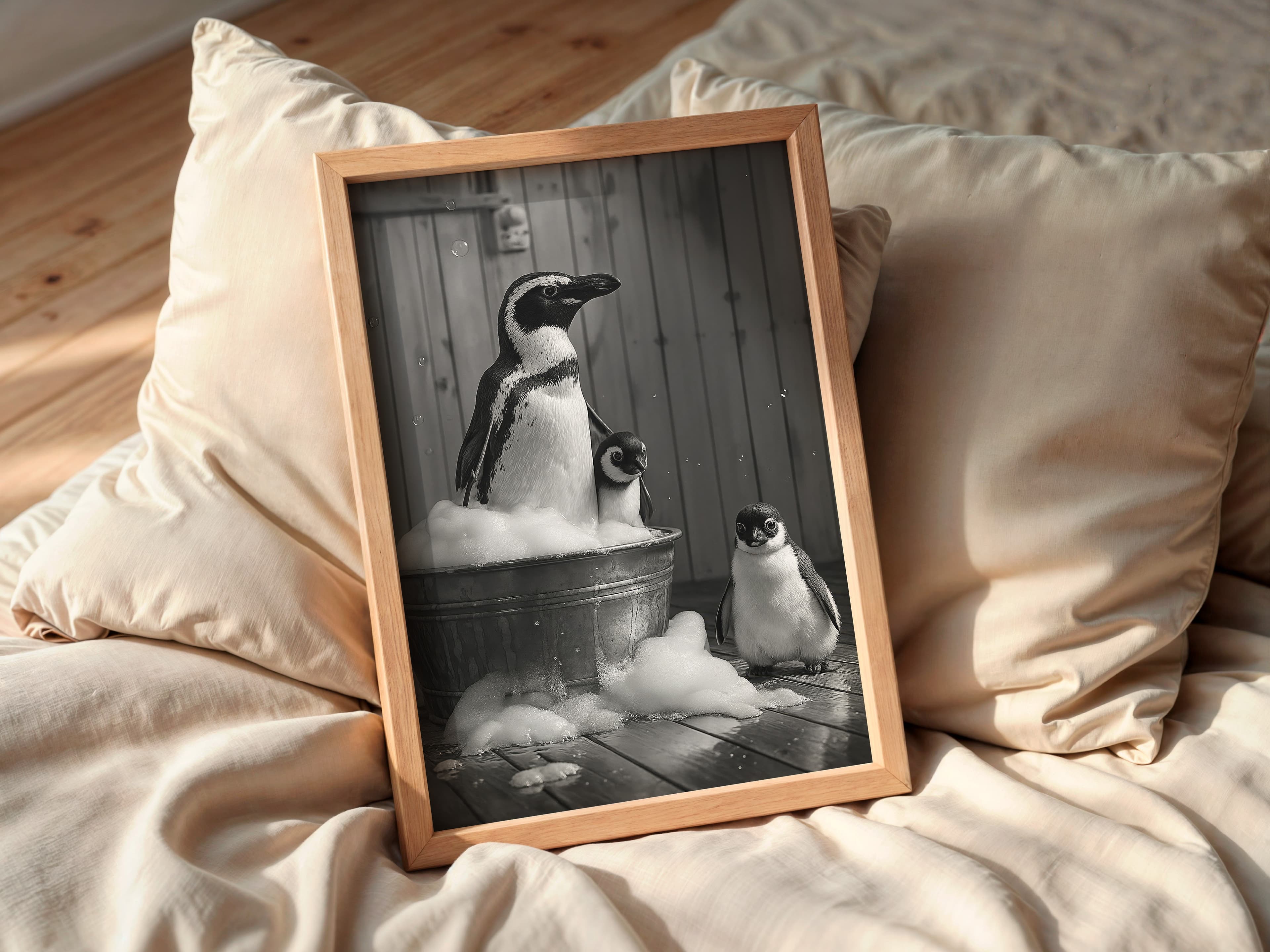 Penguin Family Bubble Bath Print, Funny Bathroom Wall Art, Animal Humor Poster