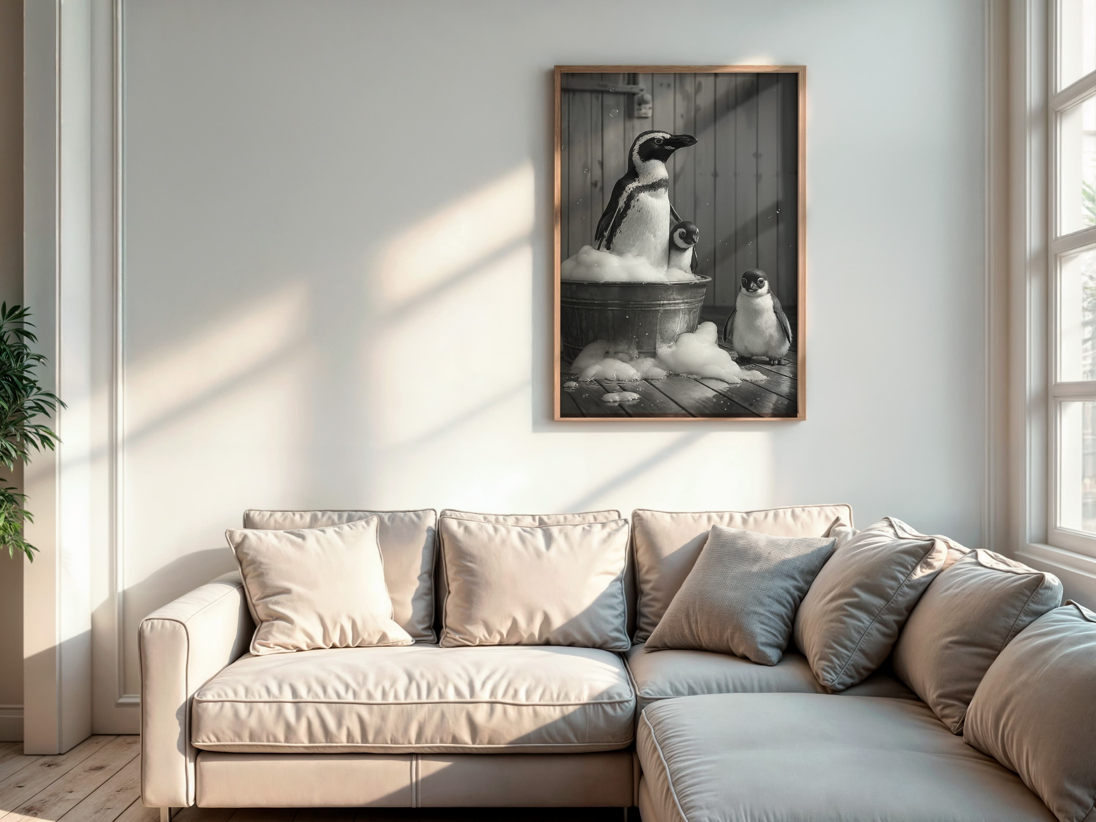 Penguin Family Bubble Bath Print, Funny Bathroom Wall Art, Animal Humor Poster