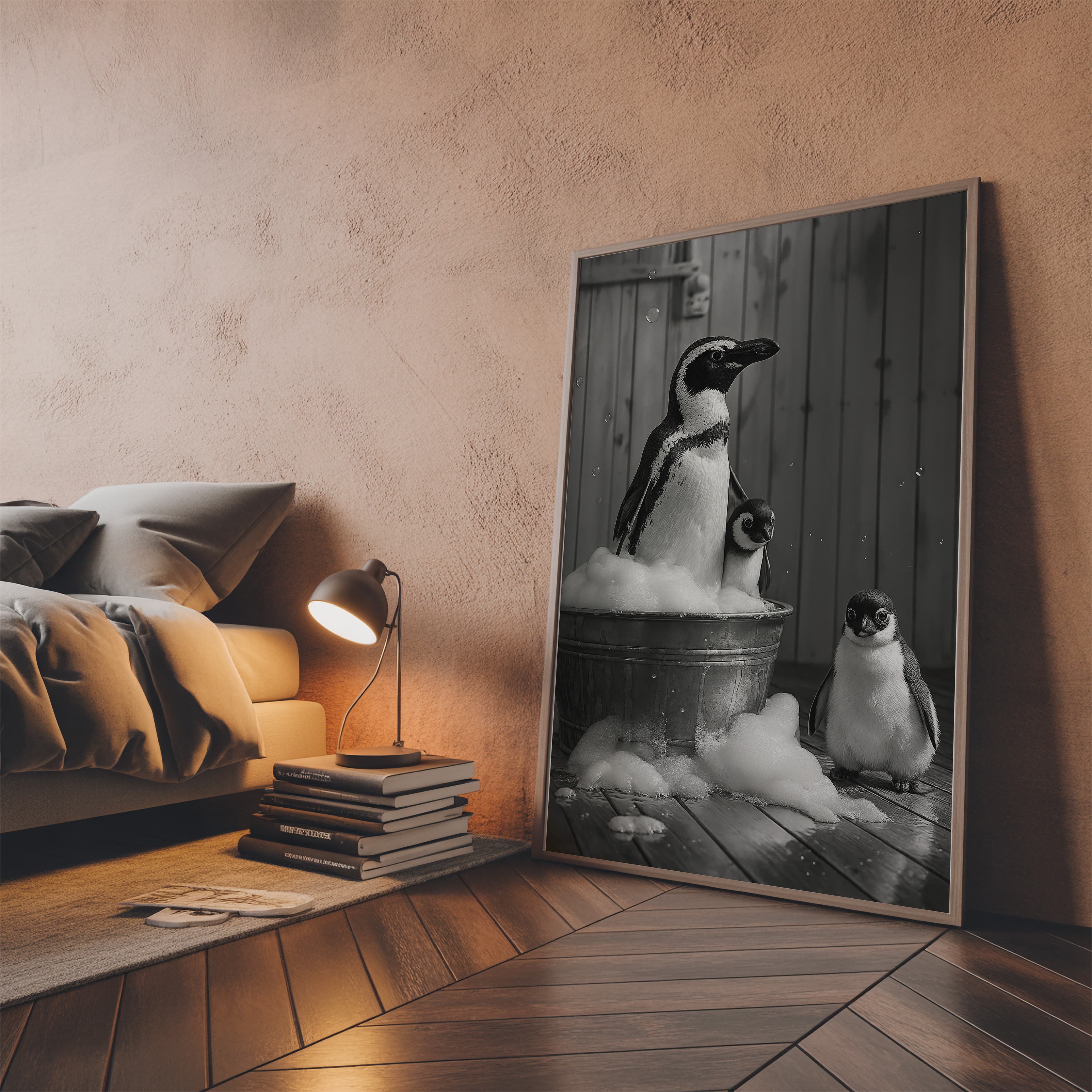 Penguin Family Bubble Bath Print, Funny Bathroom Wall Art, Animal Humor Poster