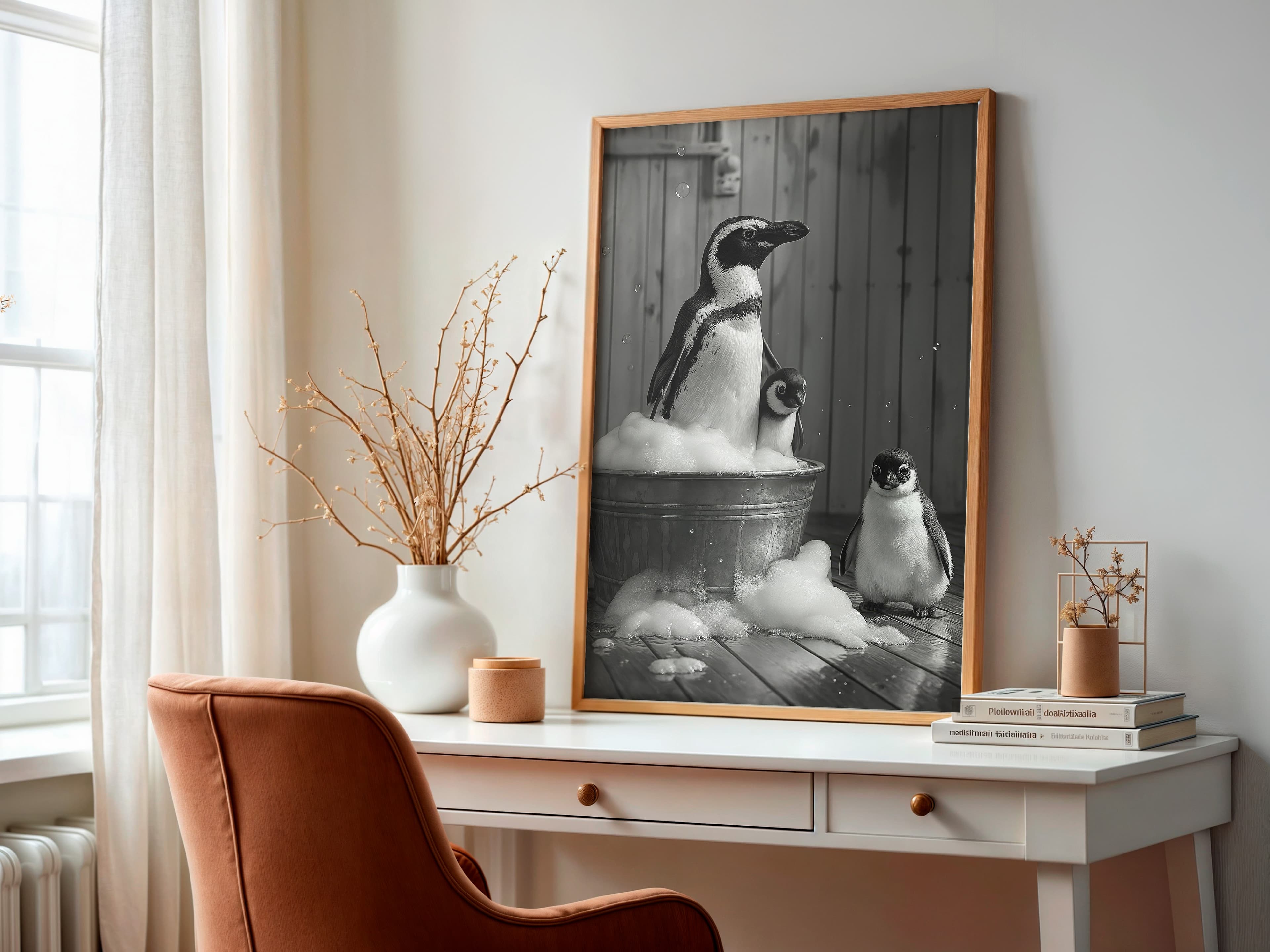 Penguin Family Bubble Bath Print, Funny Bathroom Wall Art, Animal Humor Poster