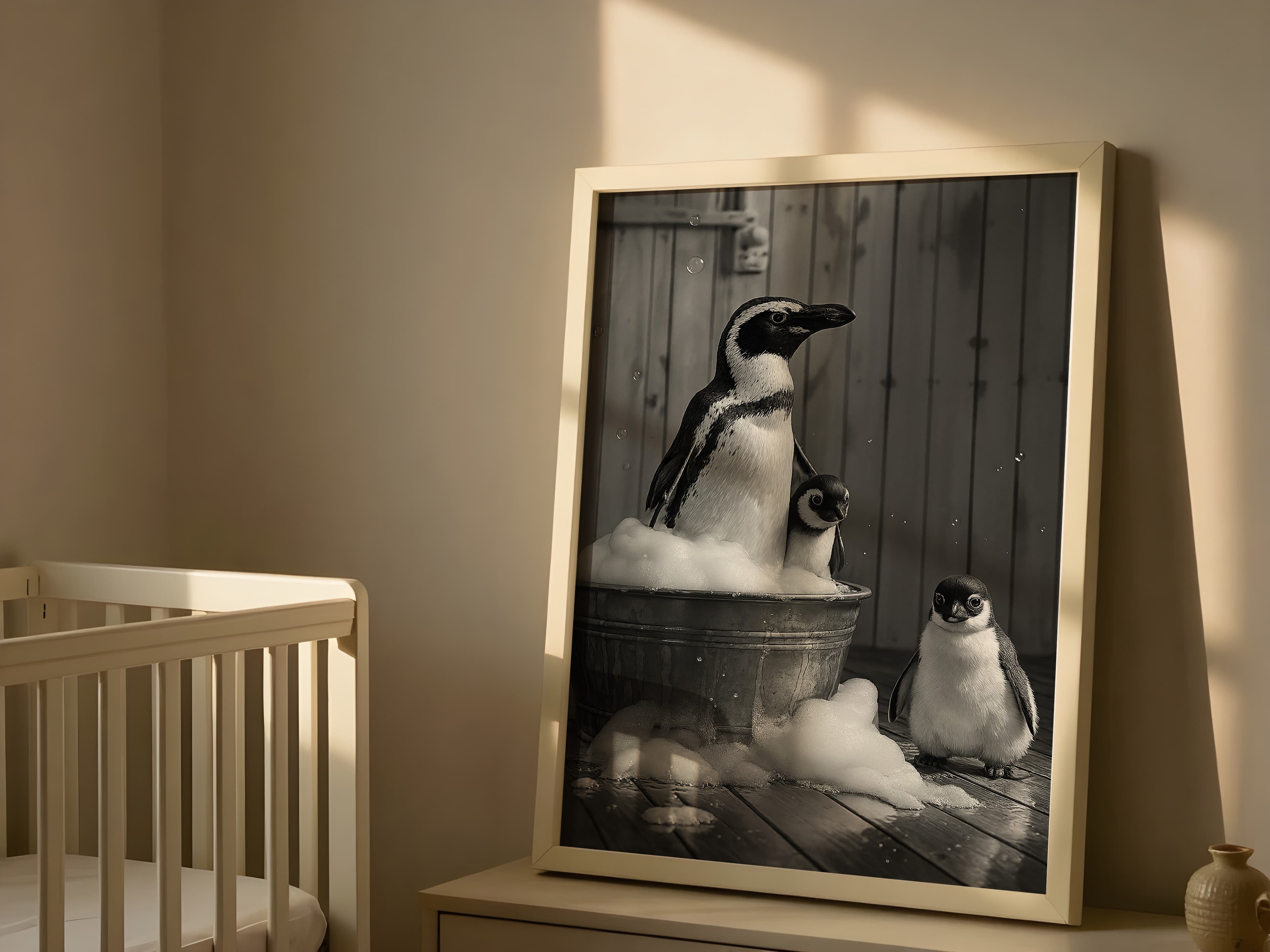 Penguin Family Bubble Bath Print, Funny Bathroom Wall Art, Animal Humor Poster