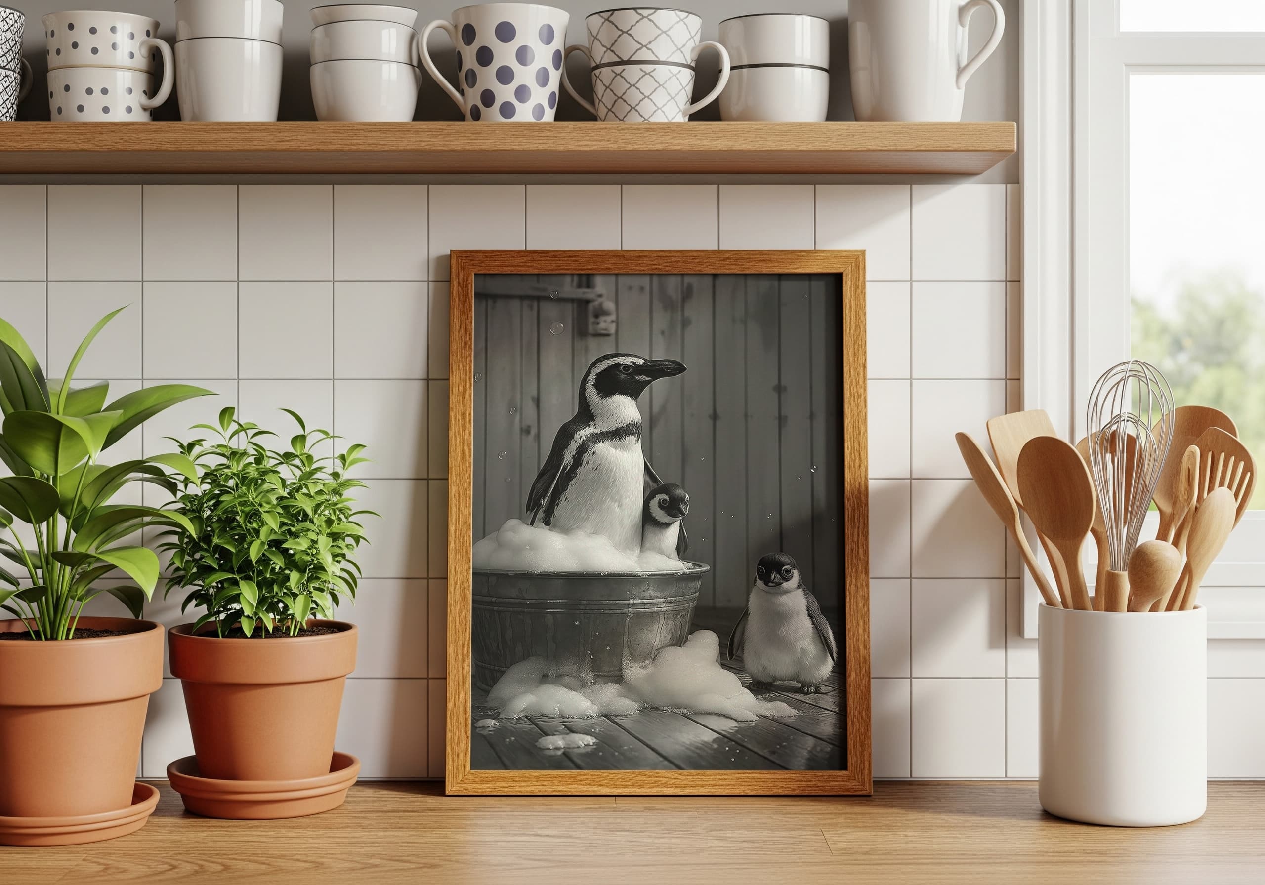 Penguin Family Bubble Bath Print, Funny Bathroom Wall Art, Animal Humor Poster