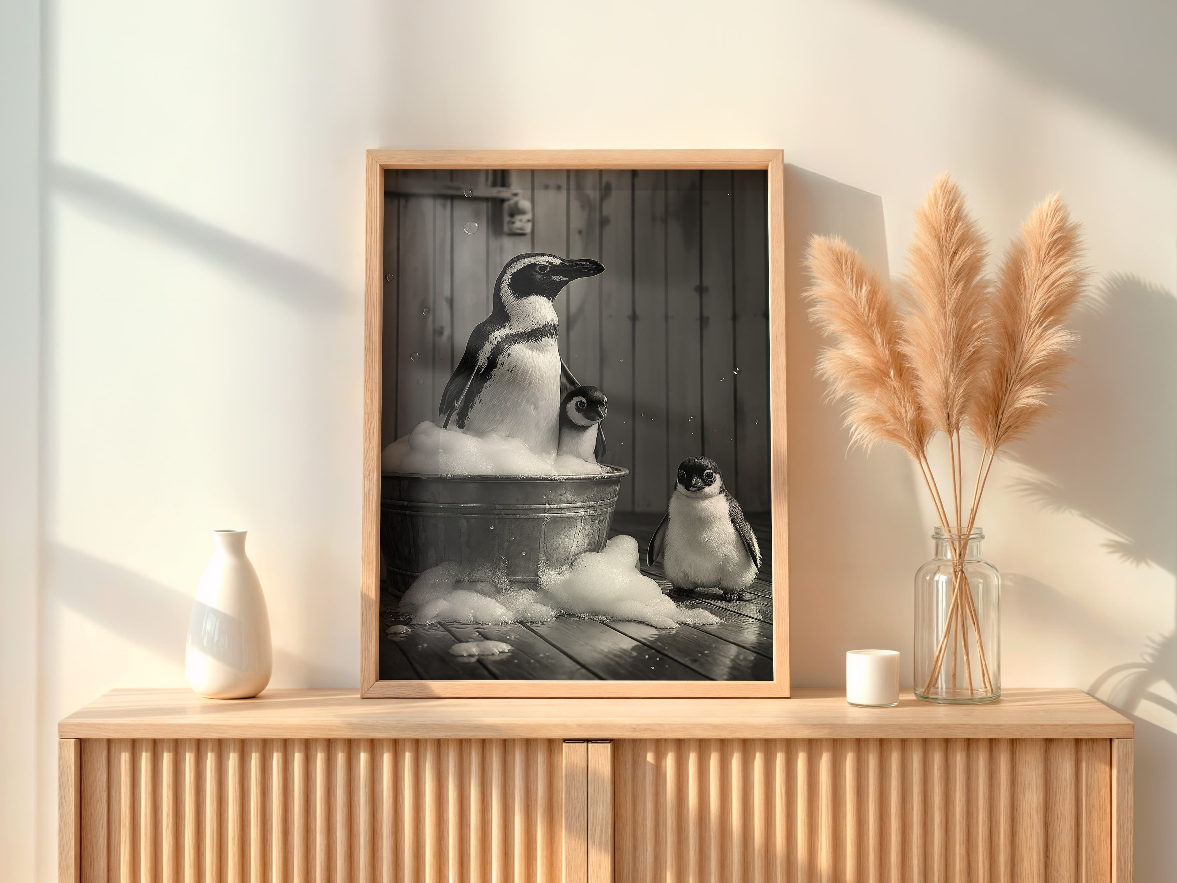 Penguin Family Bubble Bath Print, Funny Bathroom Wall Art, Animal Humor Poster