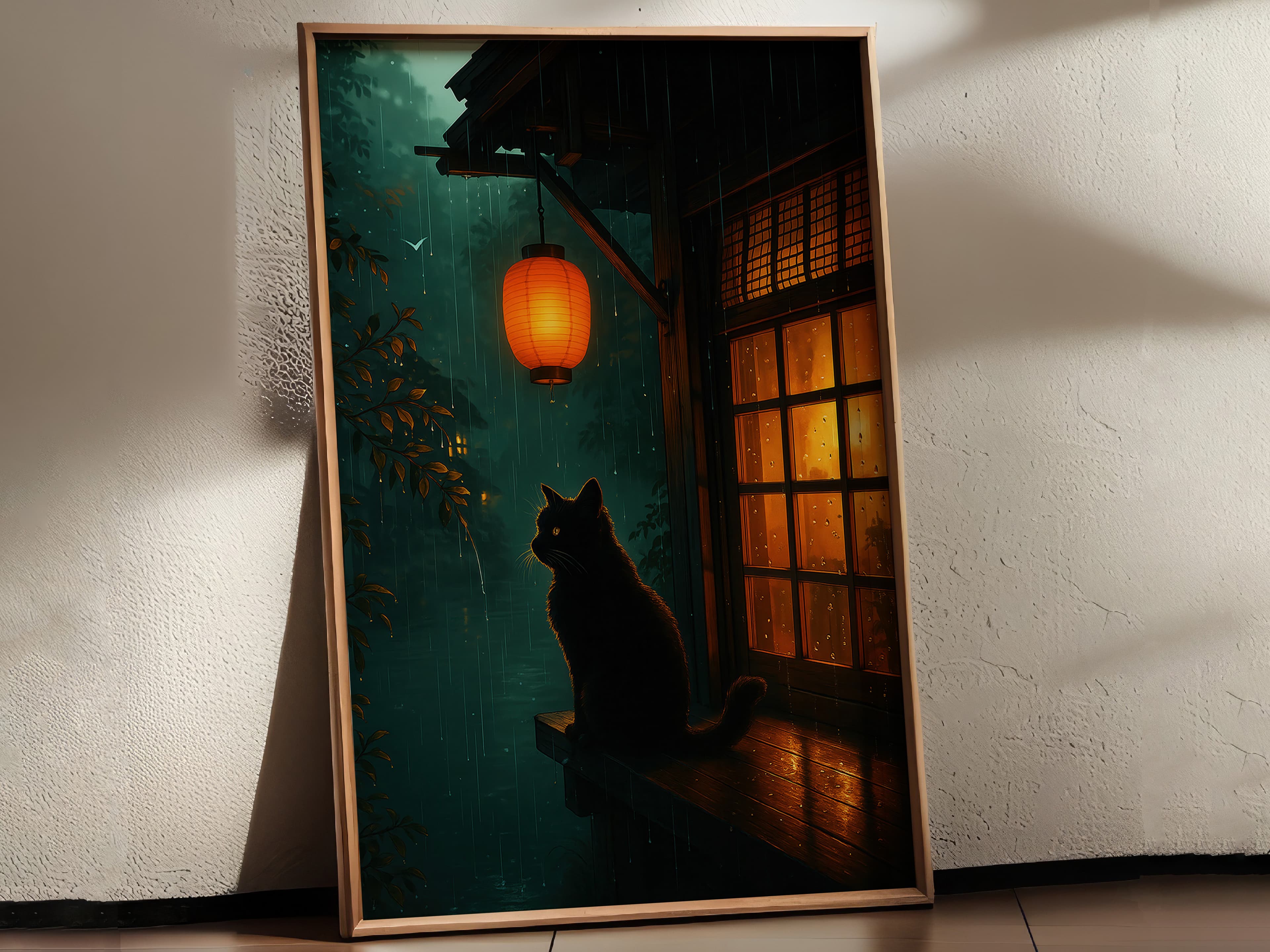 Black Cat Lantern Print, Rainy Night Zen Wall Art, Cat Lover Gift