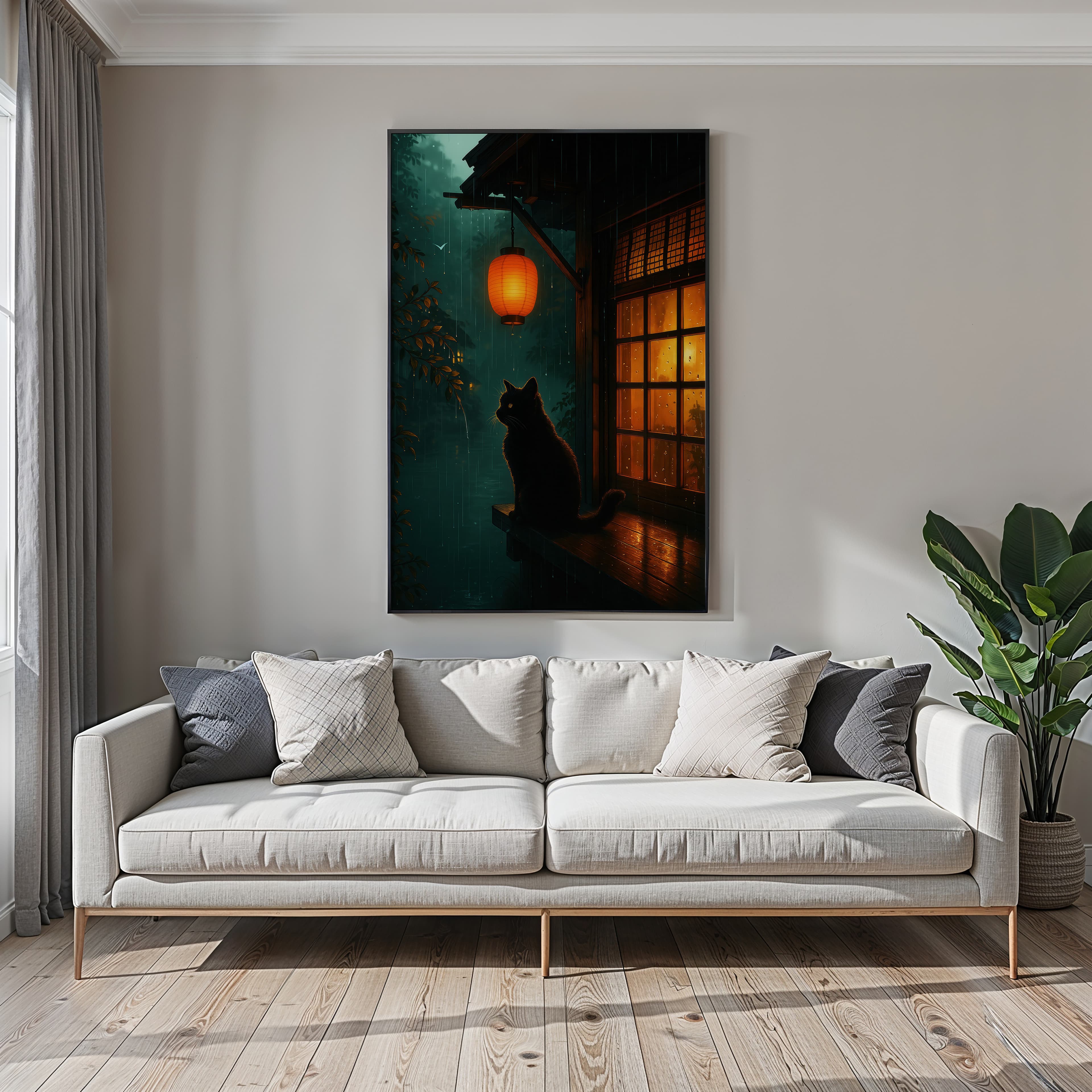 Black Cat Lantern Print, Rainy Night Zen Wall Art, Cat Lover Gift