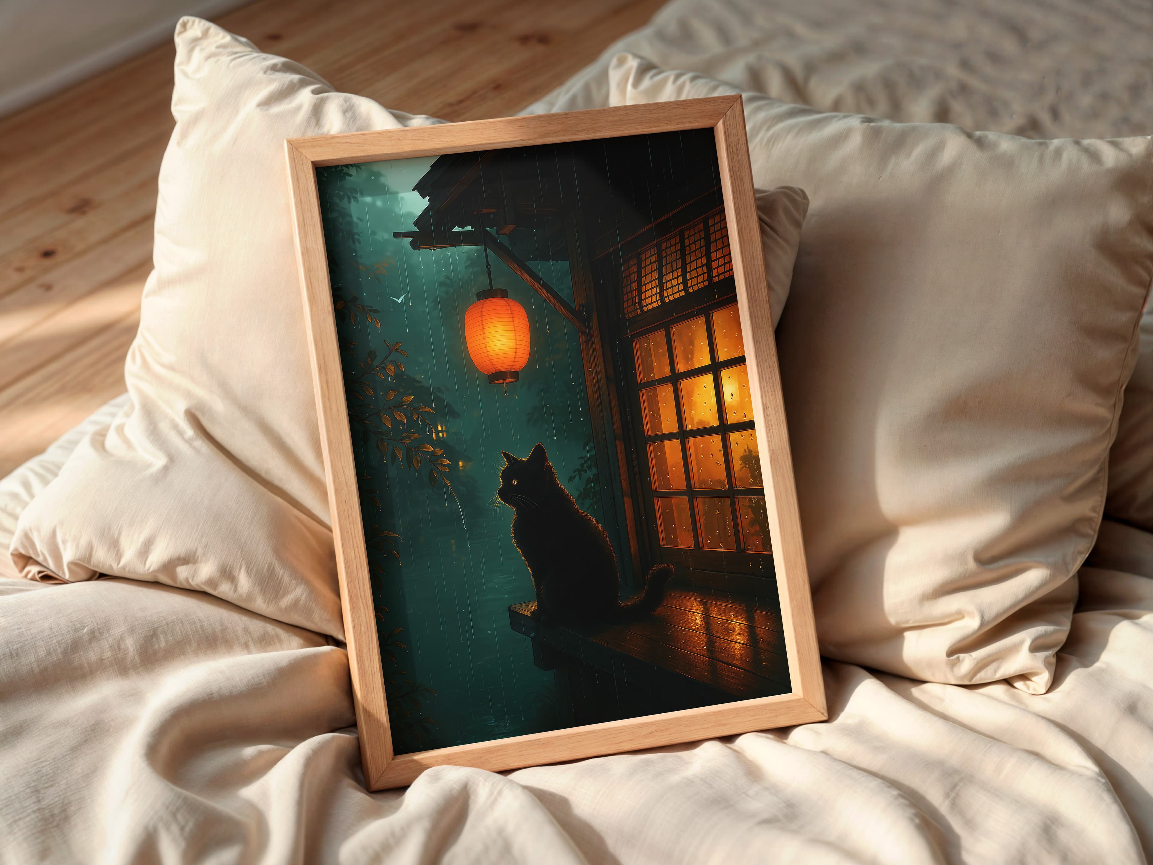 Black Cat Lantern Print, Rainy Night Zen Wall Art, Cat Lover Gift
