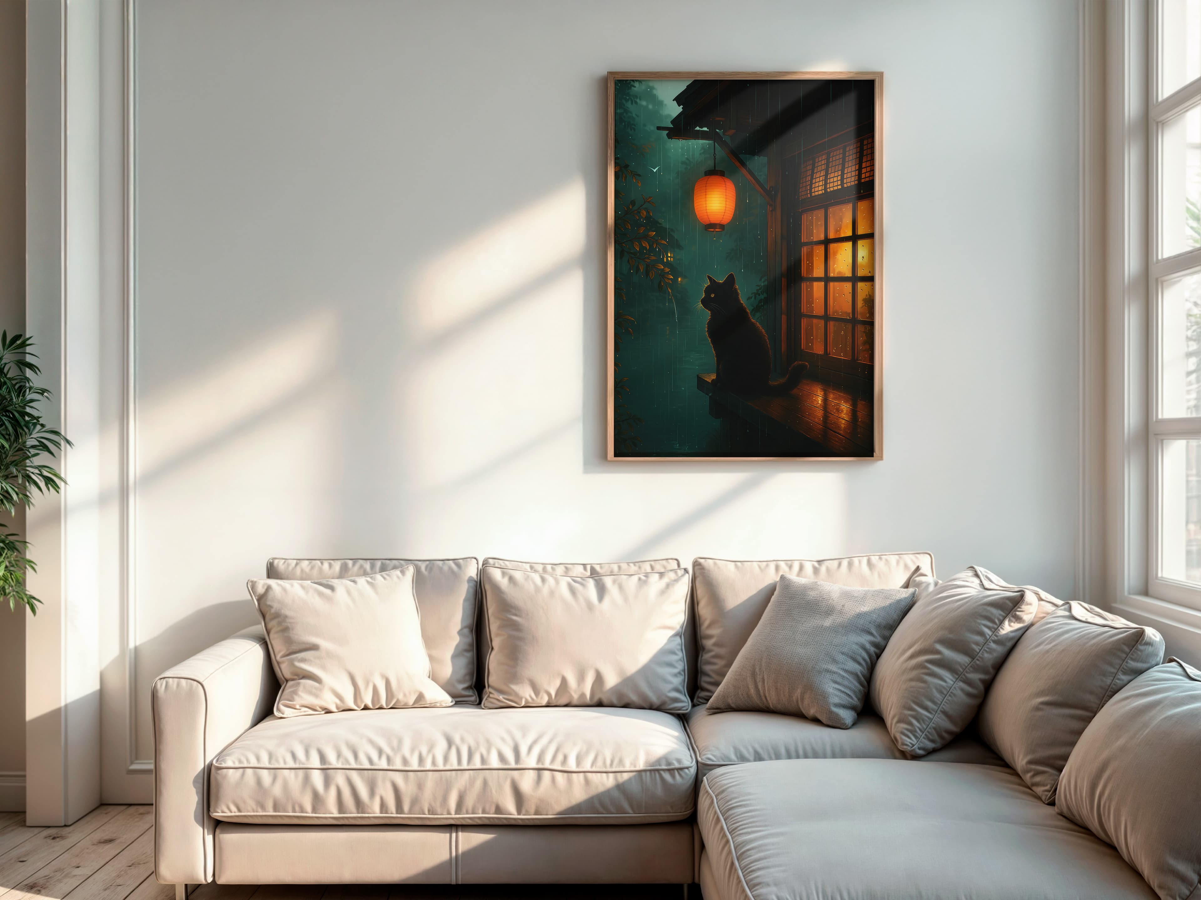 Black Cat Lantern Print, Rainy Night Zen Wall Art, Cat Lover Gift