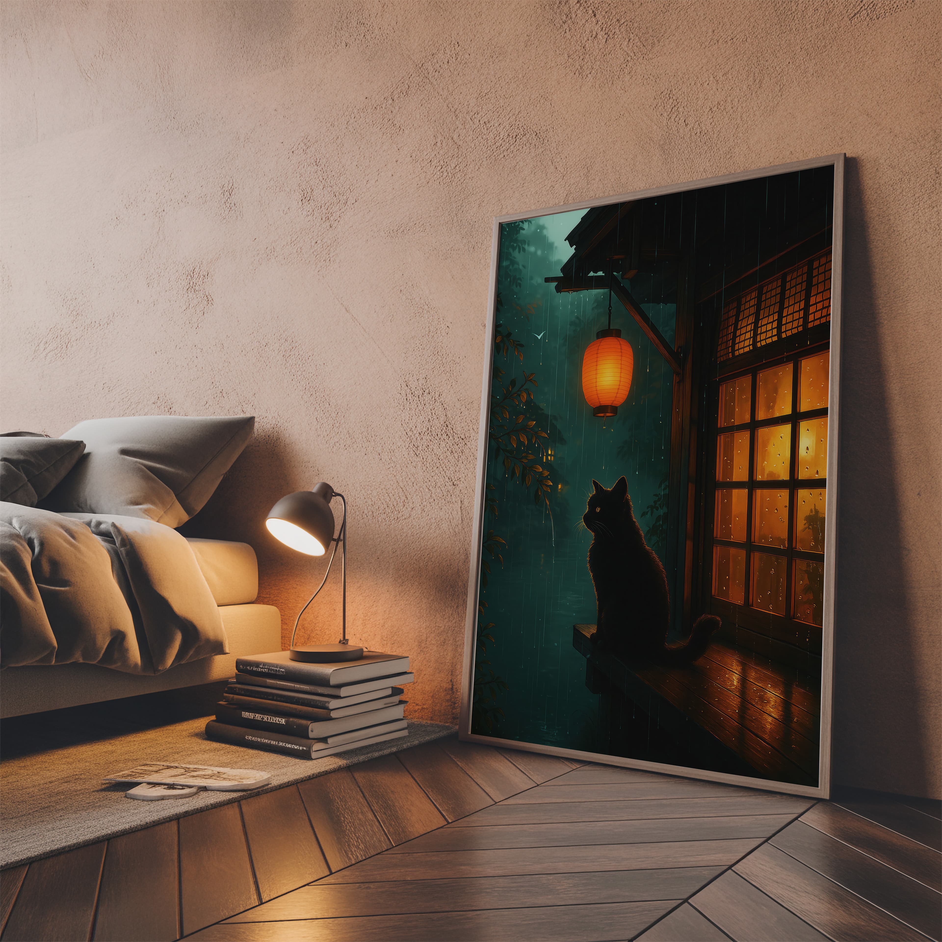 Black Cat Lantern Print, Rainy Night Zen Wall Art, Cat Lover Gift