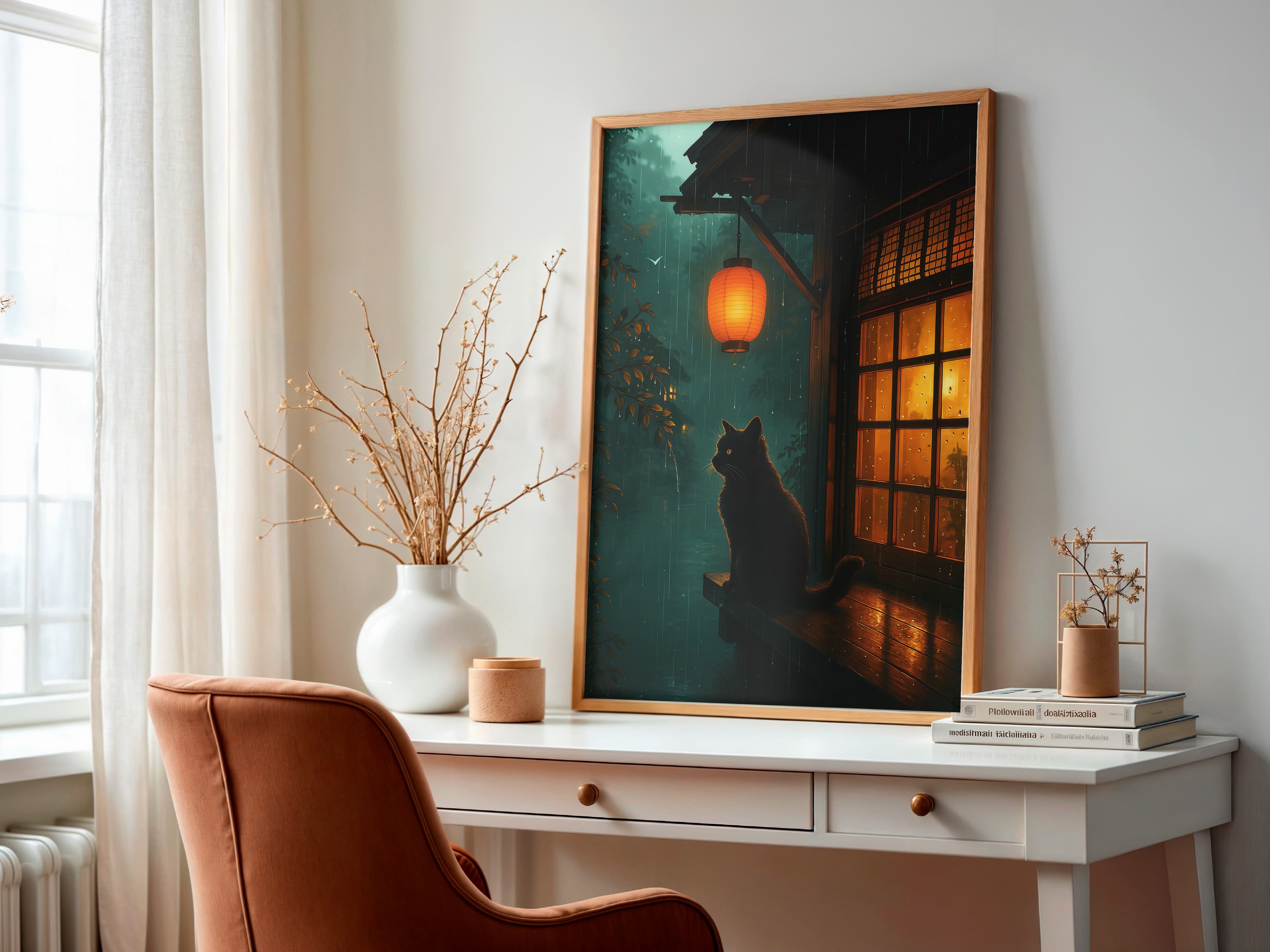 Black Cat Lantern Print, Rainy Night Zen Wall Art, Cat Lover Gift