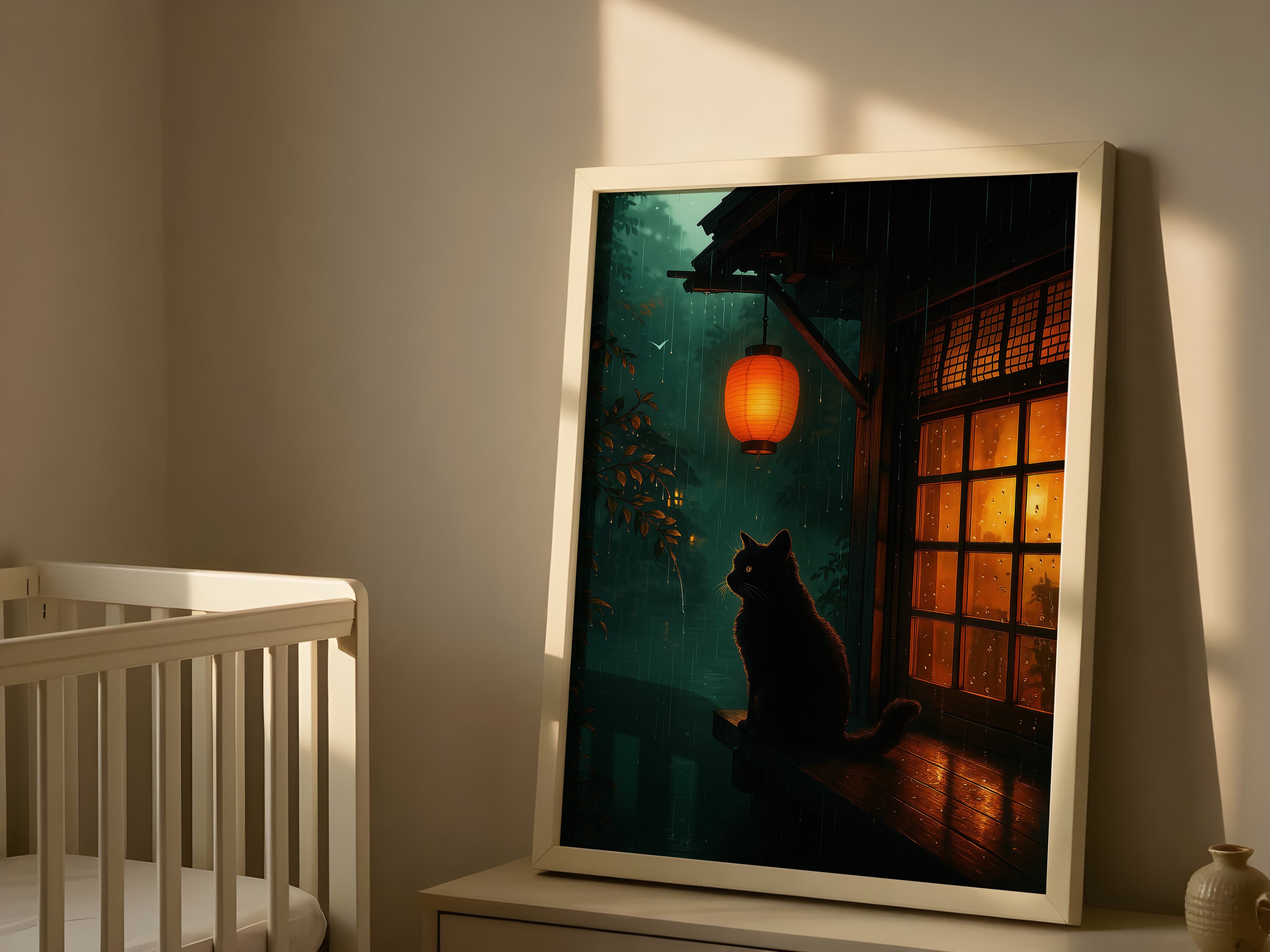 Black Cat Lantern Print, Rainy Night Zen Wall Art, Cat Lover Gift