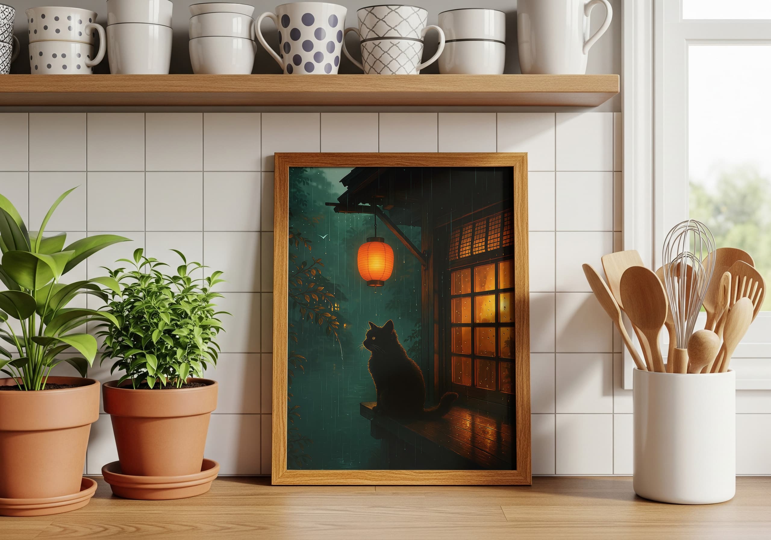 Black Cat Lantern Print, Rainy Night Zen Wall Art, Cat Lover Gift