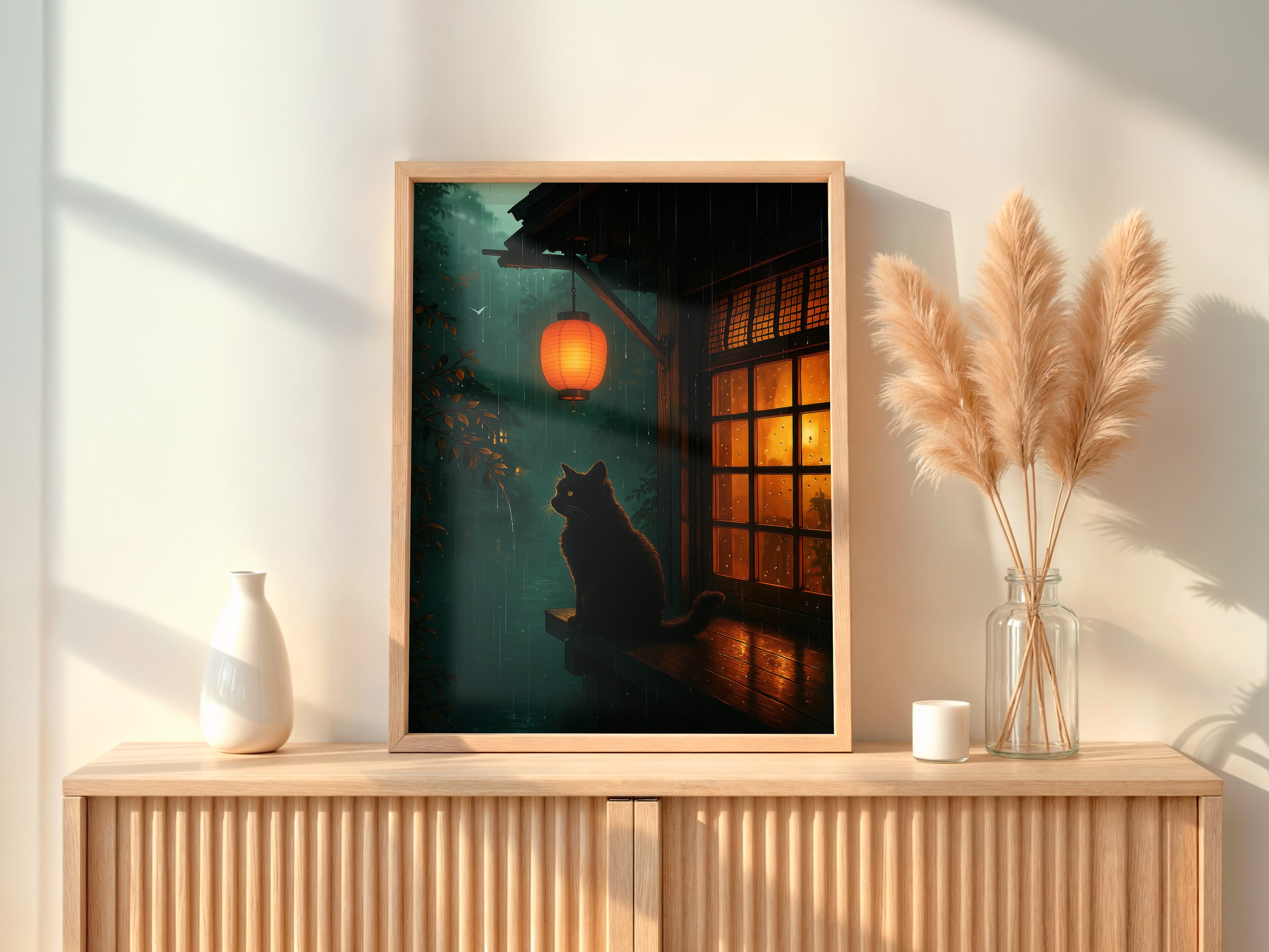 Black Cat Lantern Print, Rainy Night Zen Wall Art, Cat Lover Gift