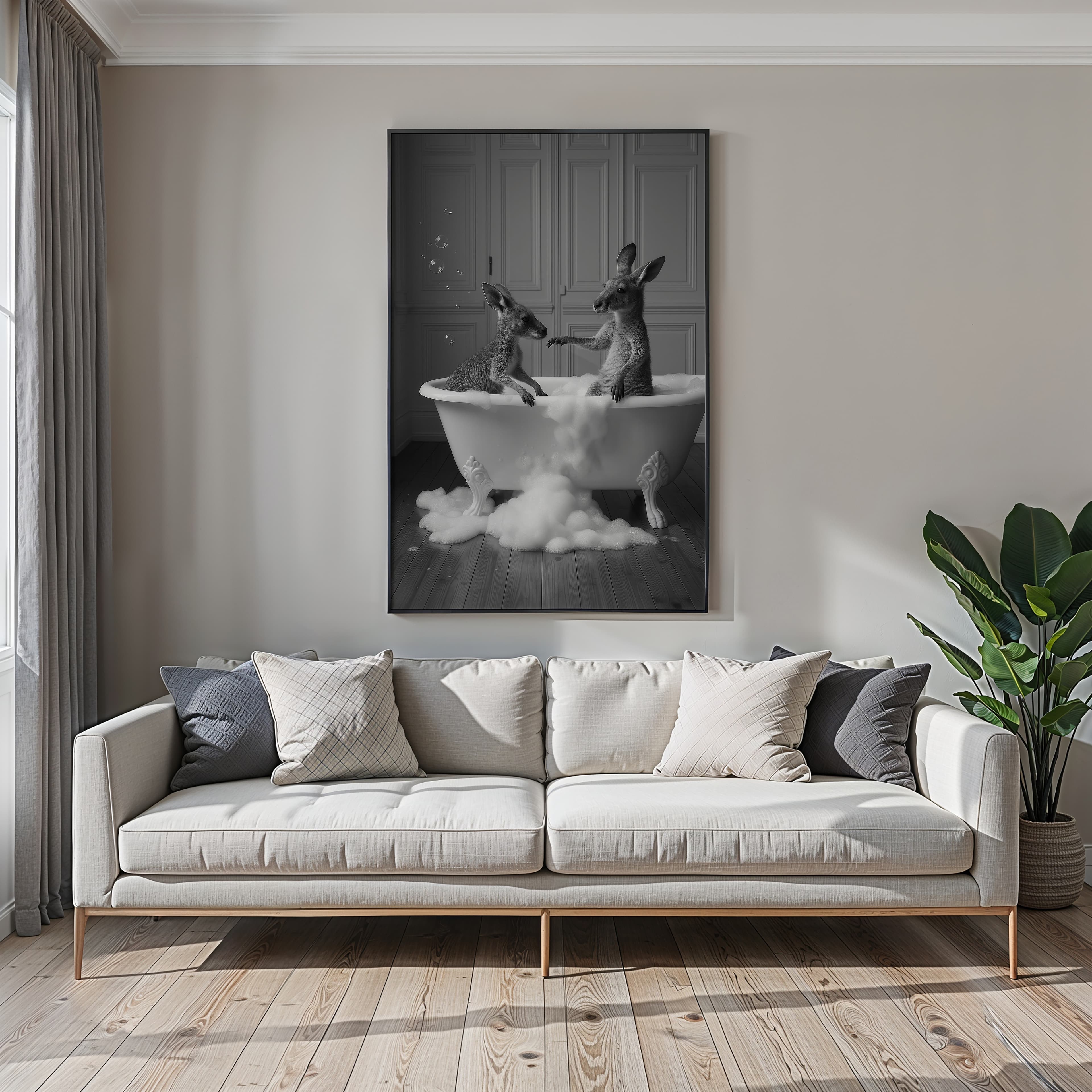 Kangaroo Bathtub Print, Surreal Animal Bathroom Wall Art, Funny Powder Room Decor