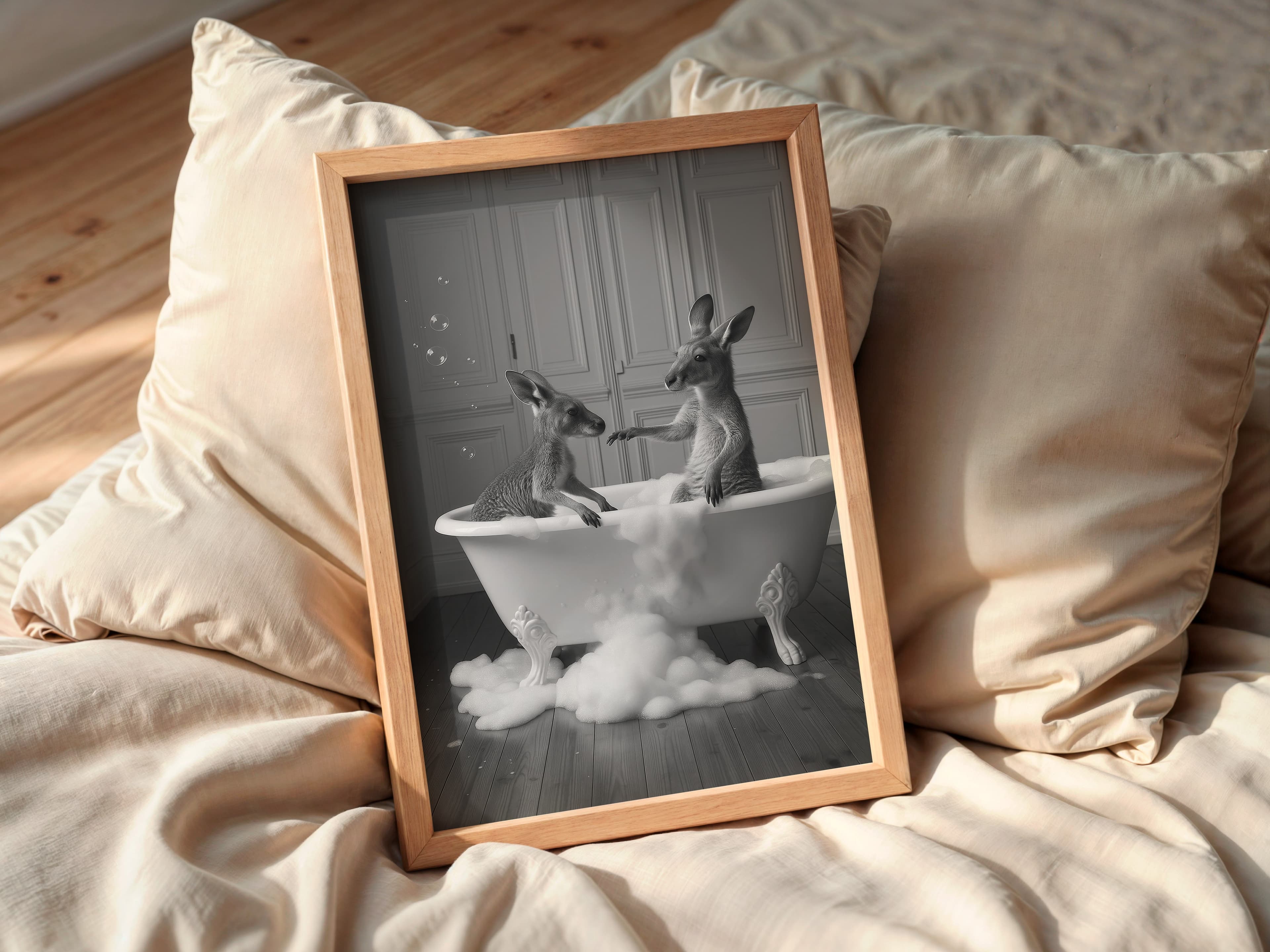 Kangaroo Bathtub Print, Surreal Animal Bathroom Wall Art, Funny Powder Room Decor