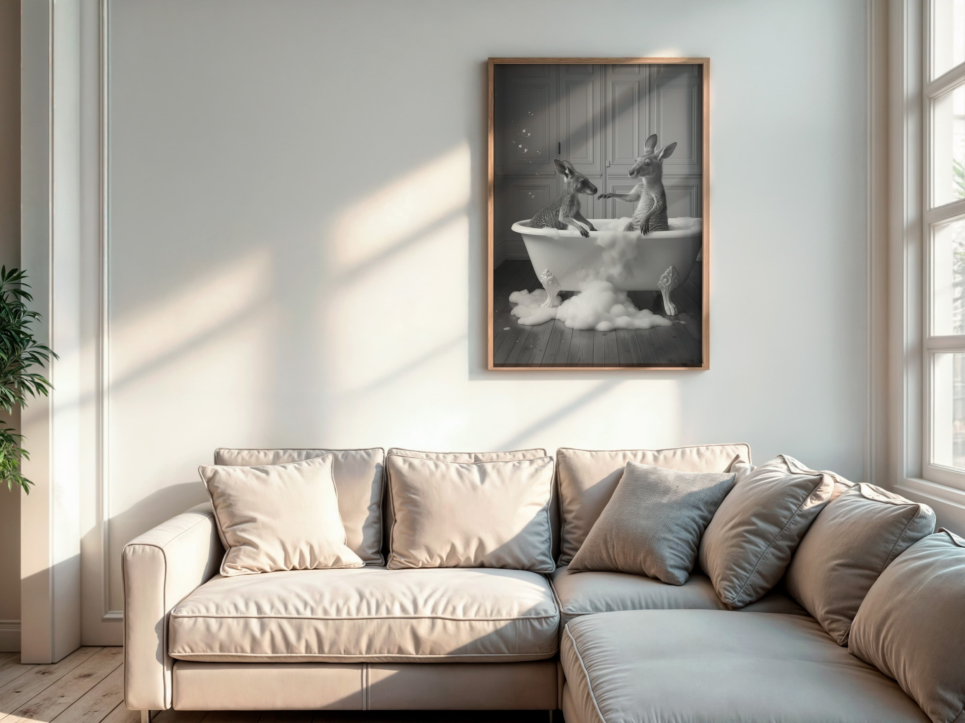 Kangaroo Bathtub Print, Surreal Animal Bathroom Wall Art, Funny Powder Room Decor