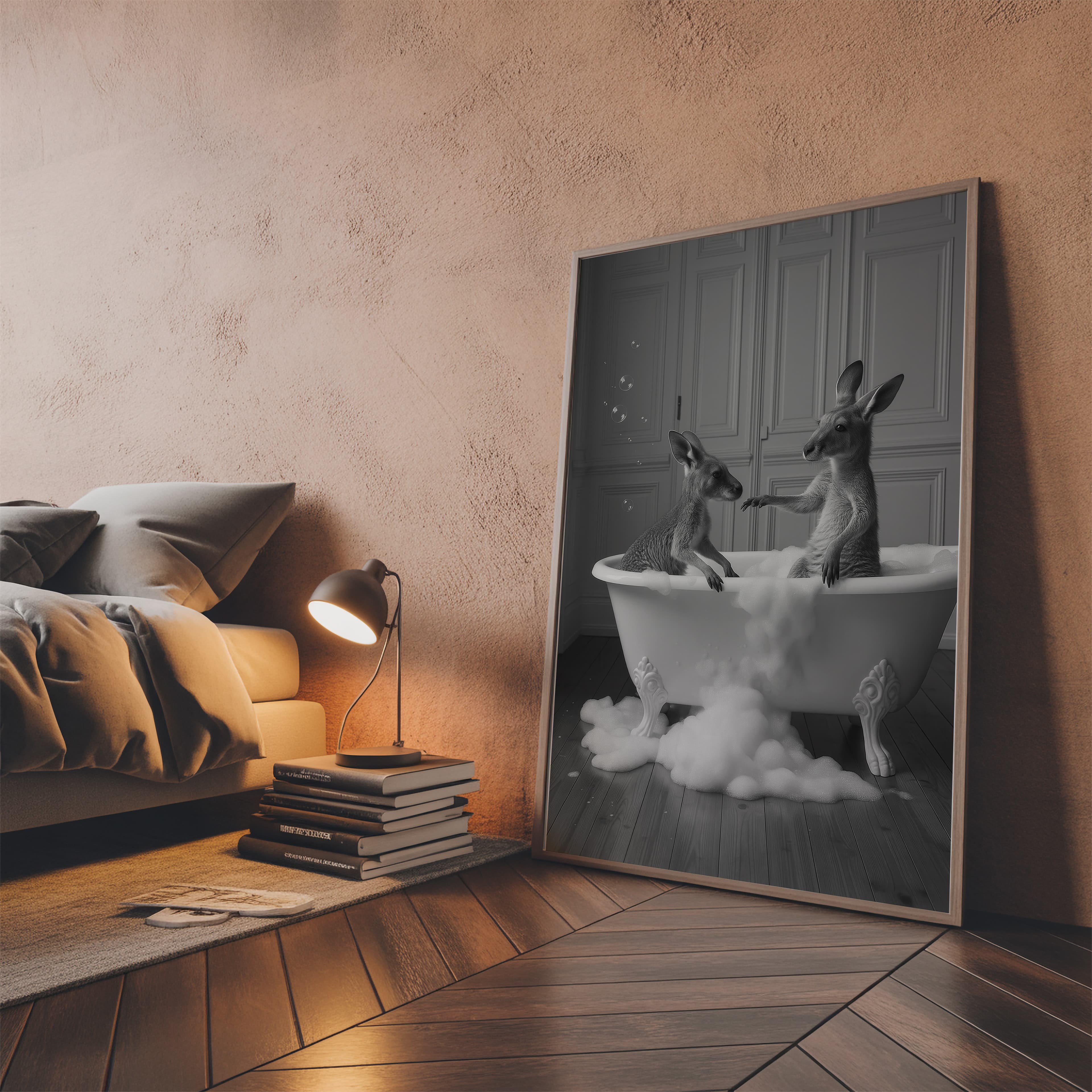 Kangaroo Bathtub Print, Surreal Animal Bathroom Wall Art, Funny Powder Room Decor