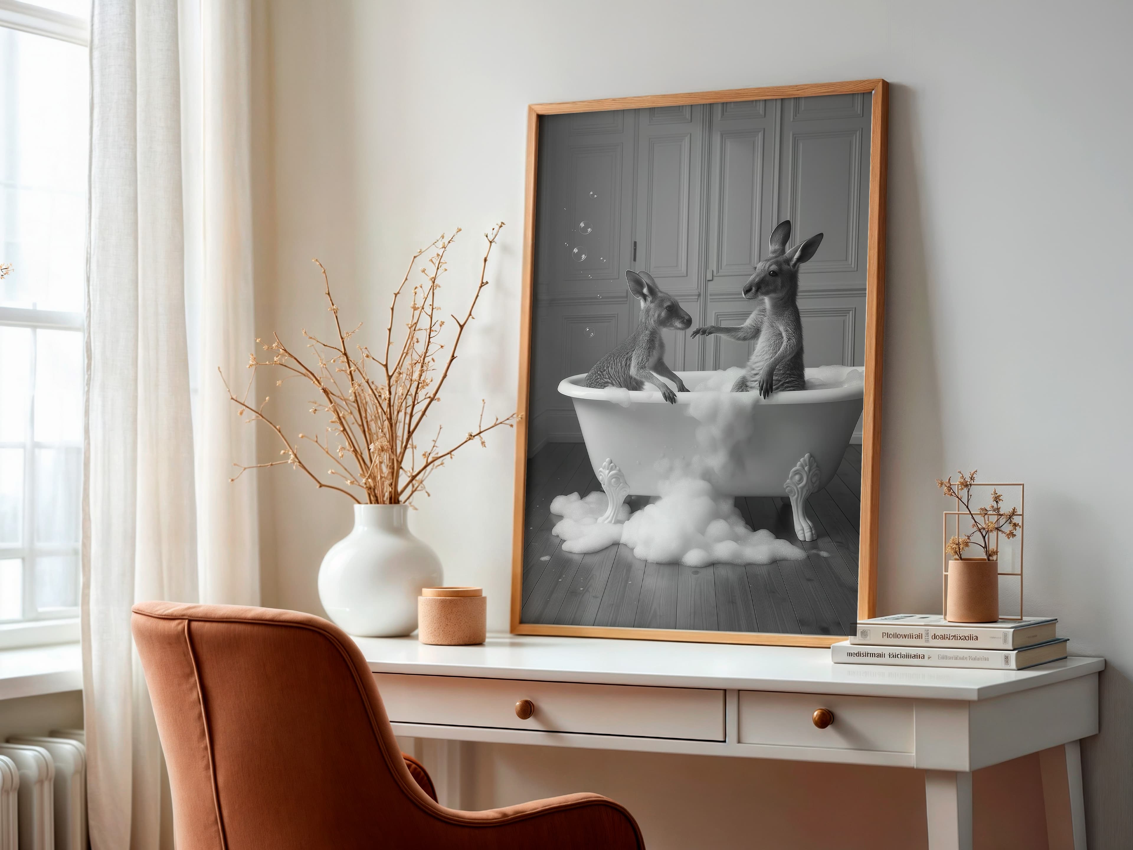 Kangaroo Bathtub Print, Surreal Animal Bathroom Wall Art, Funny Powder Room Decor
