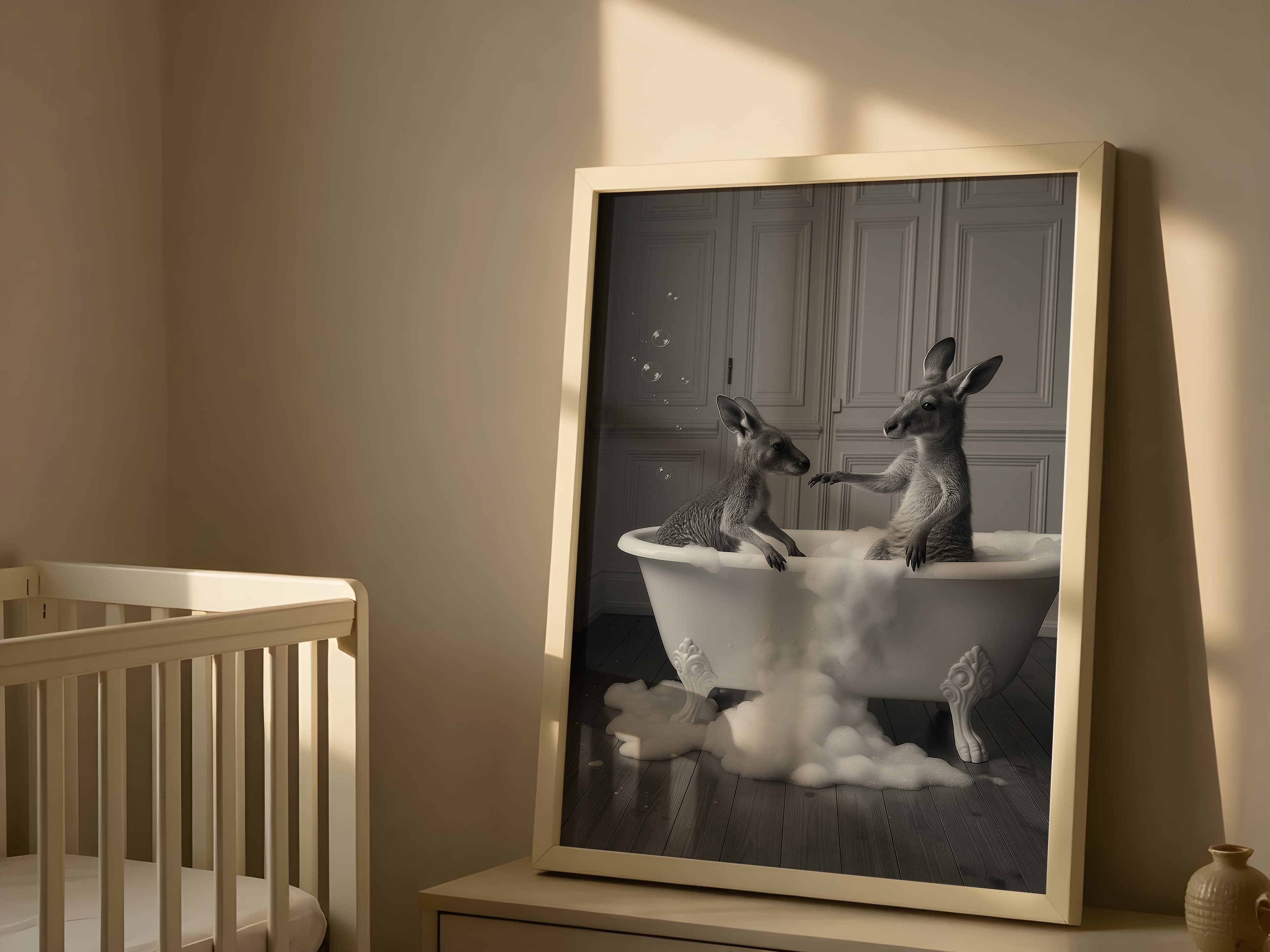 Kangaroo Bathtub Print, Surreal Animal Bathroom Wall Art, Funny Powder Room Decor