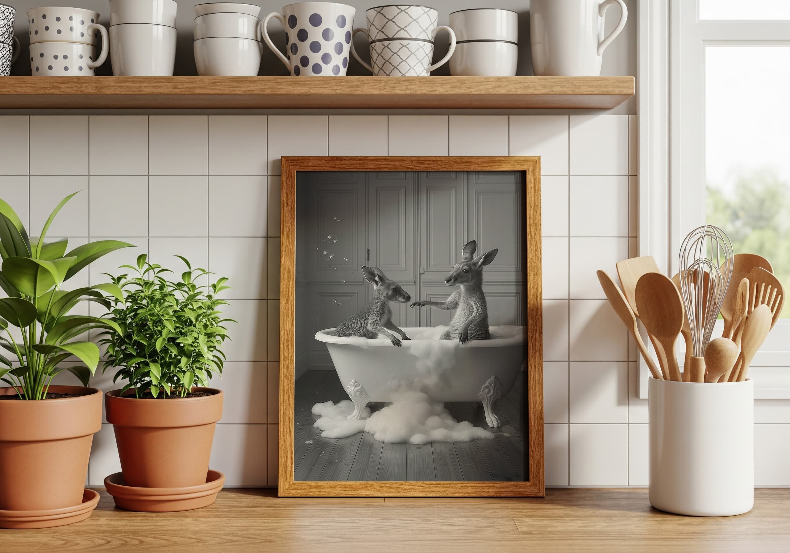 Kangaroo Bathtub Print, Surreal Animal Bathroom Wall Art, Funny Powder Room Decor