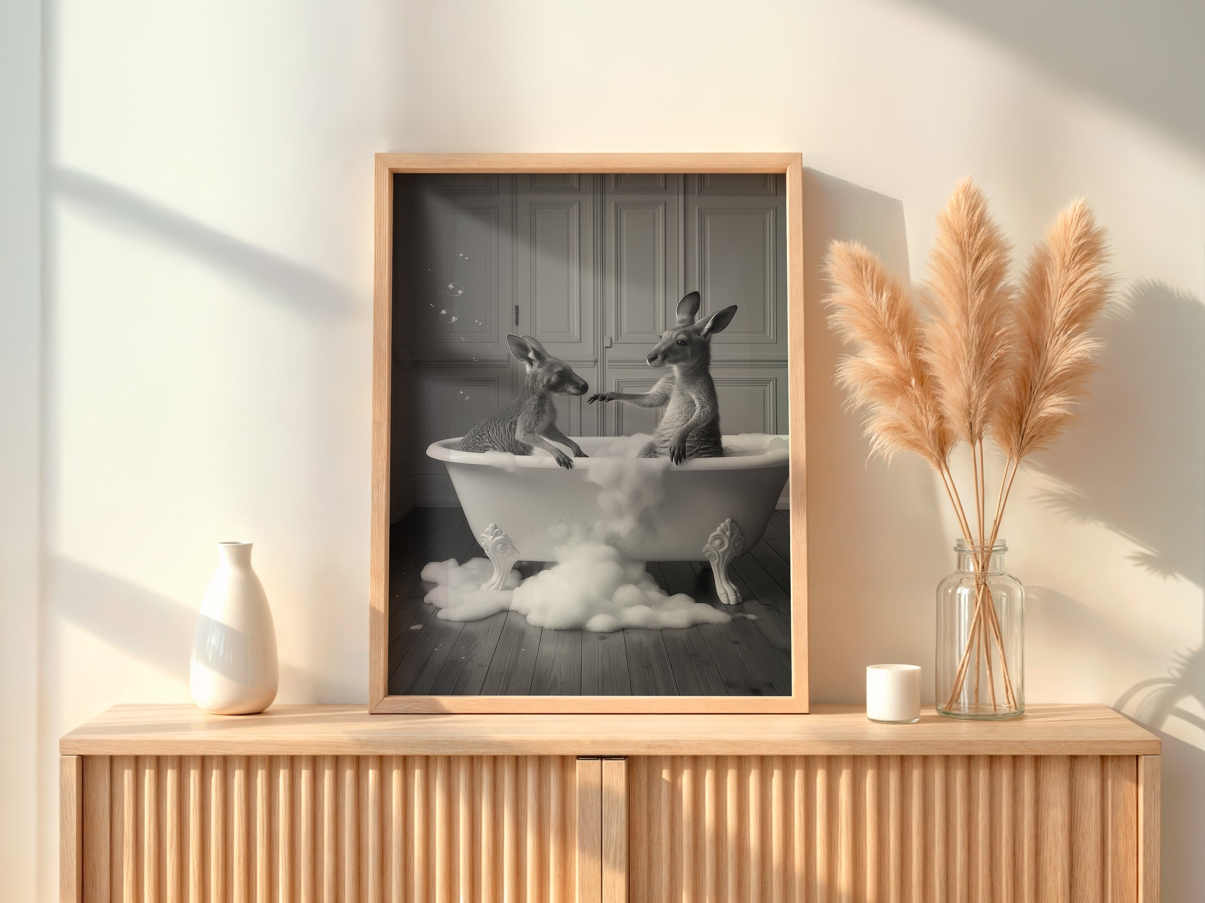 Kangaroo Bathtub Print, Surreal Animal Bathroom Wall Art, Funny Powder Room Decor
