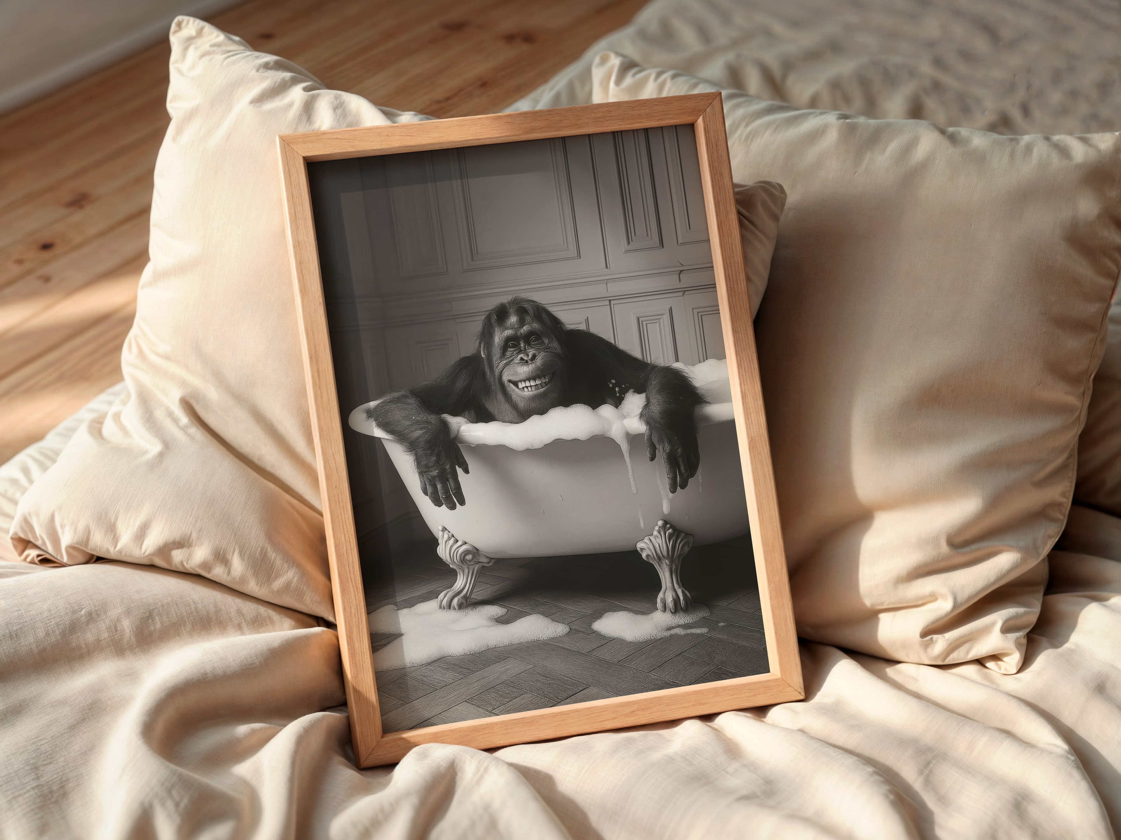 Monkey in Bathtub Print, Funny Bathroom Wall Art, Black White Animal Humor