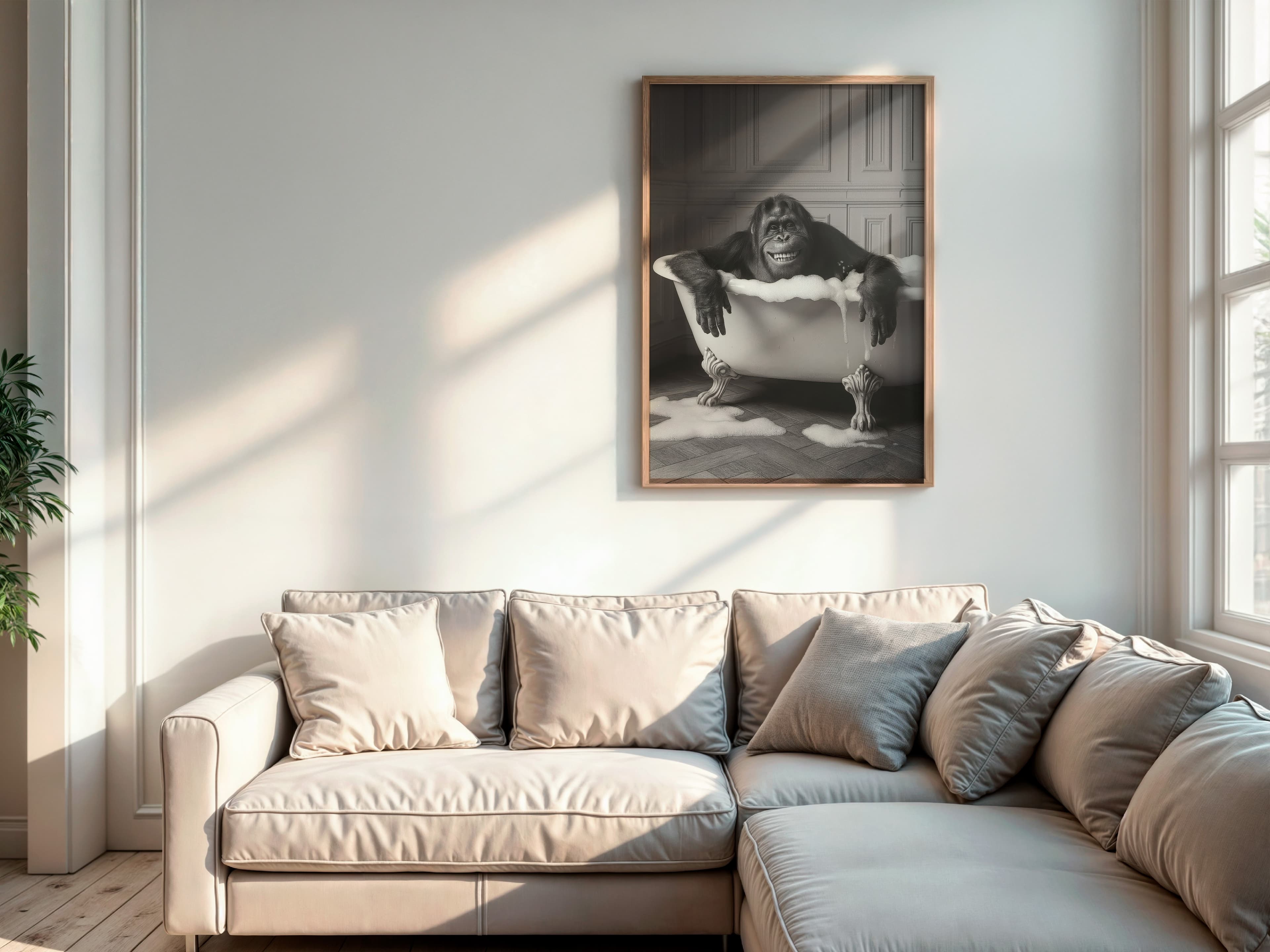 Monkey in Bathtub Print, Funny Bathroom Wall Art, Black White Animal Humor