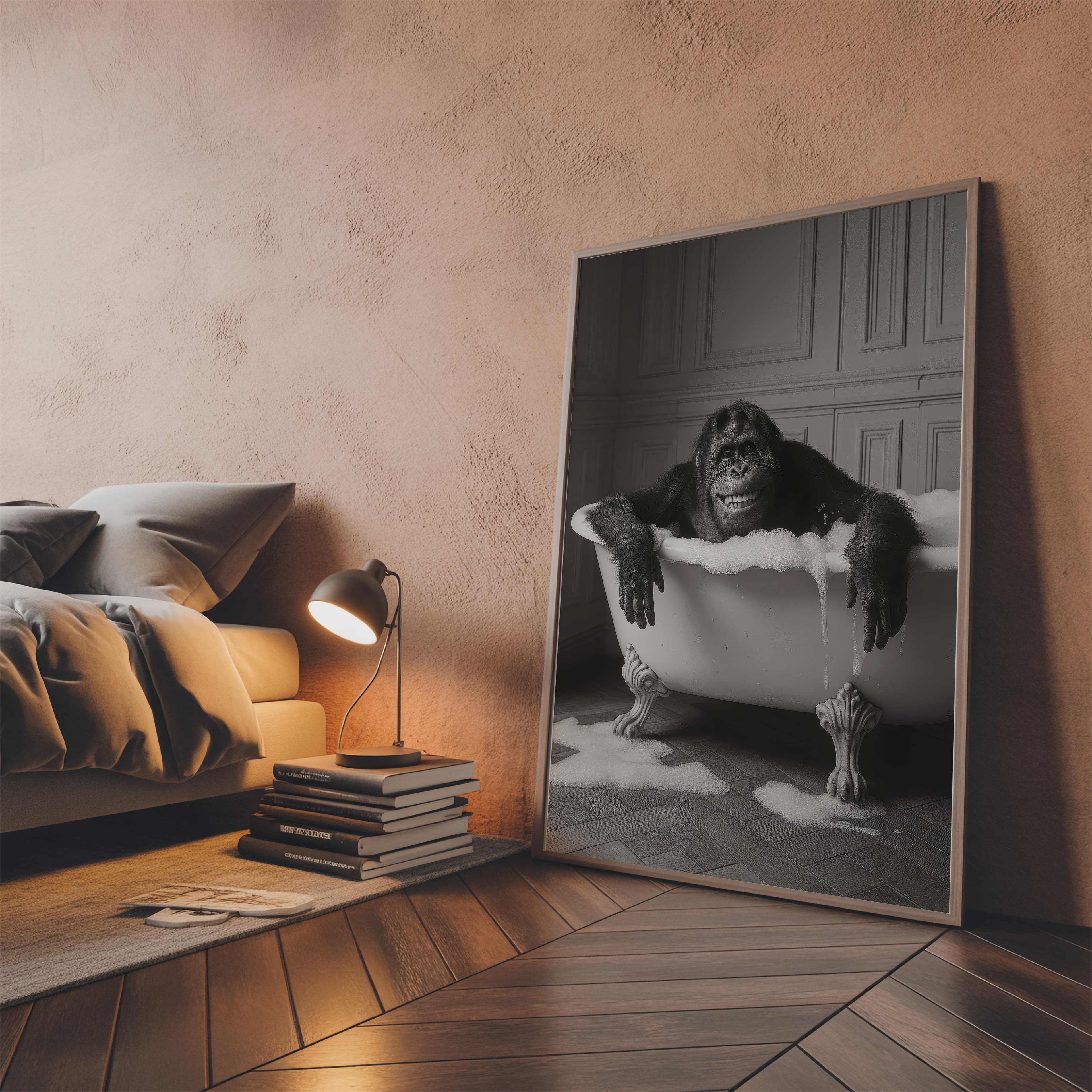 Monkey in Bathtub Print, Funny Bathroom Wall Art, Black White Animal Humor