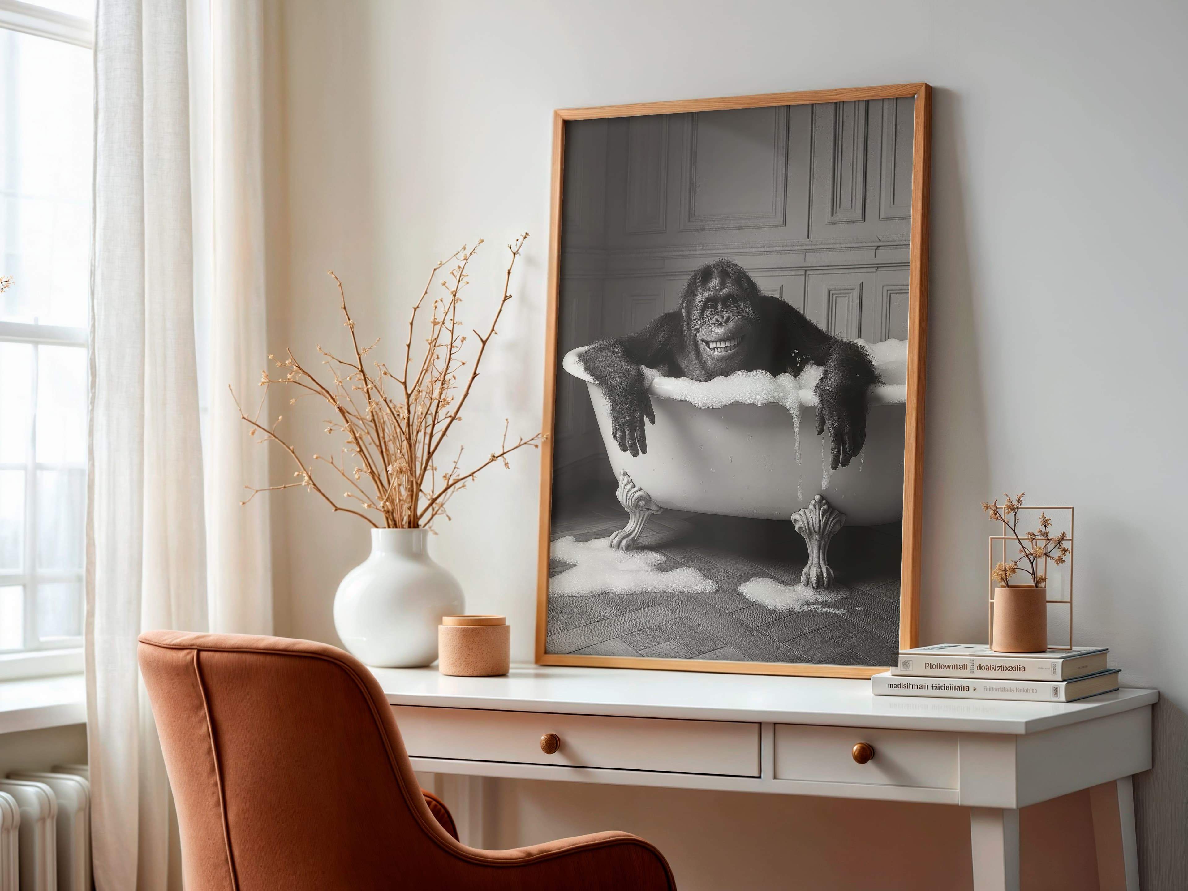 Monkey in Bathtub Print, Funny Bathroom Wall Art, Black White Animal Humor