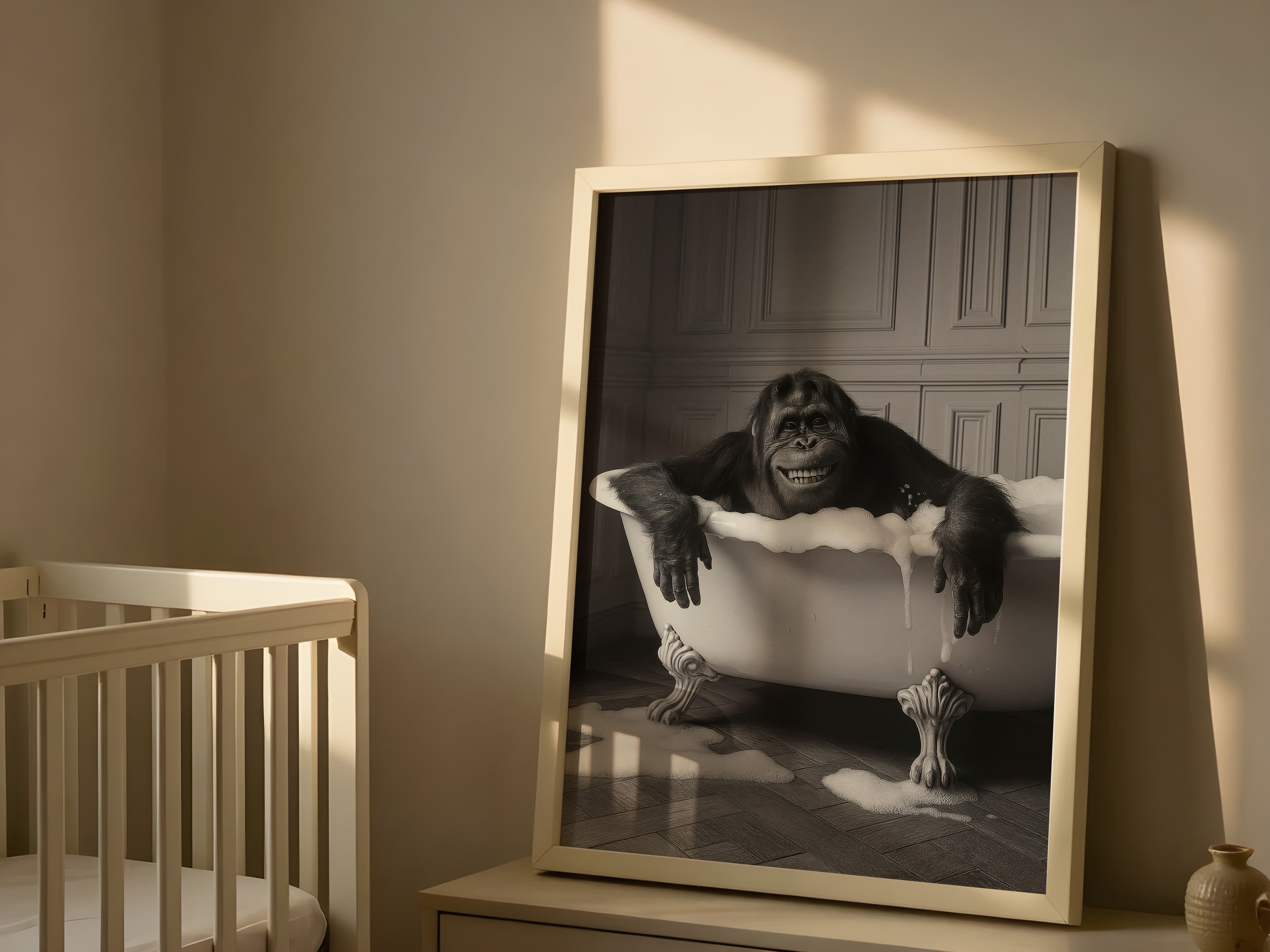 Monkey in Bathtub Print, Funny Bathroom Wall Art, Black White Animal Humor