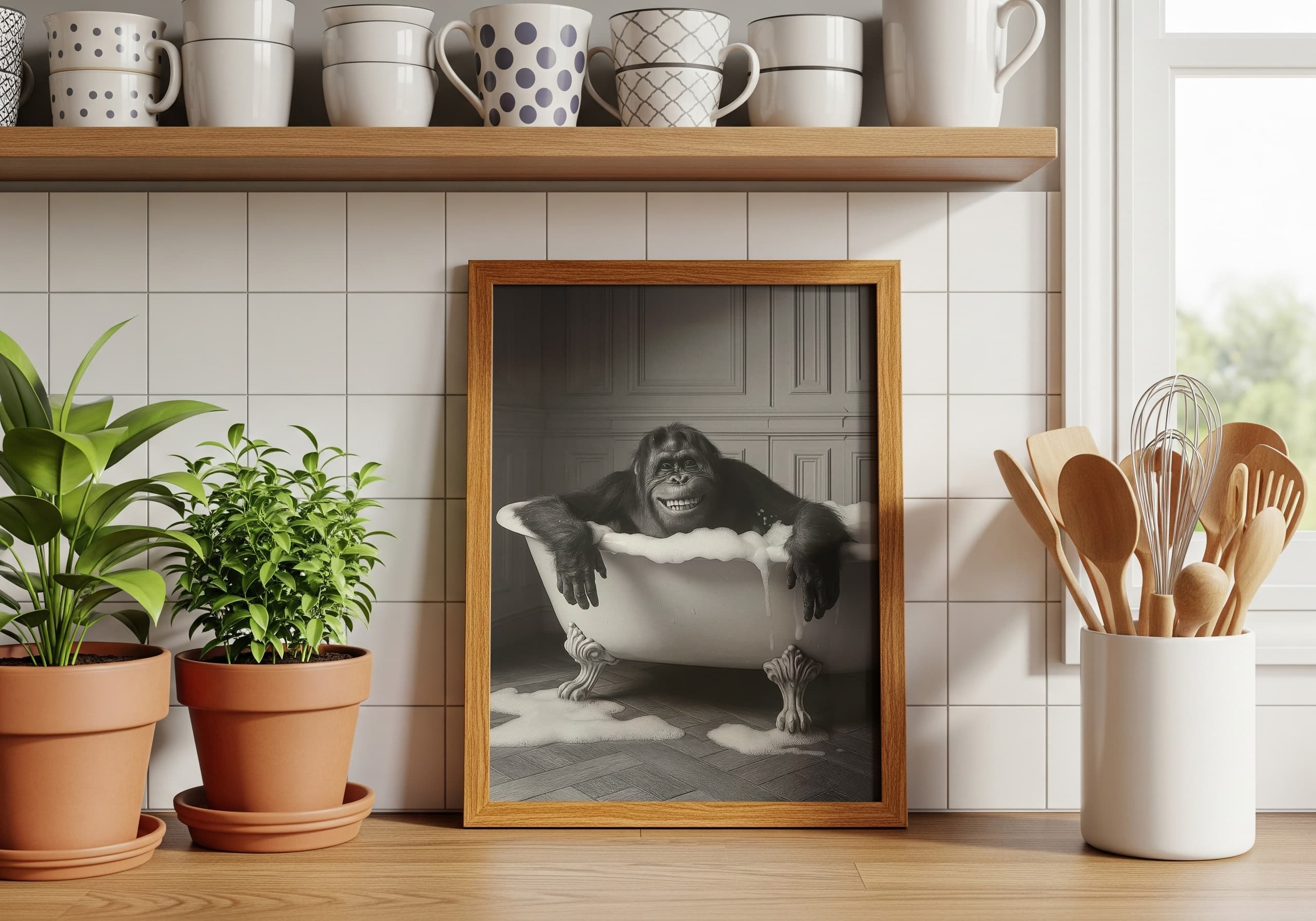 Monkey in Bathtub Print, Funny Bathroom Wall Art, Black White Animal Humor