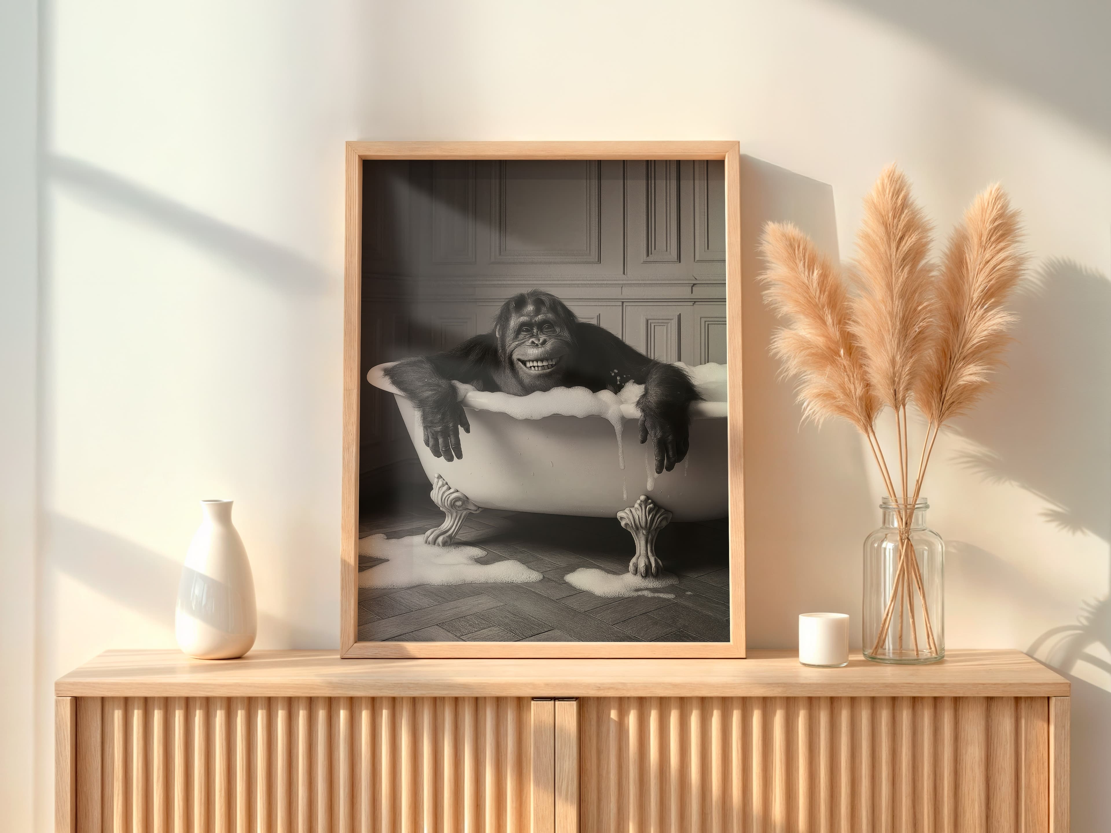 Monkey in Bathtub Print, Funny Bathroom Wall Art, Black White Animal Humor