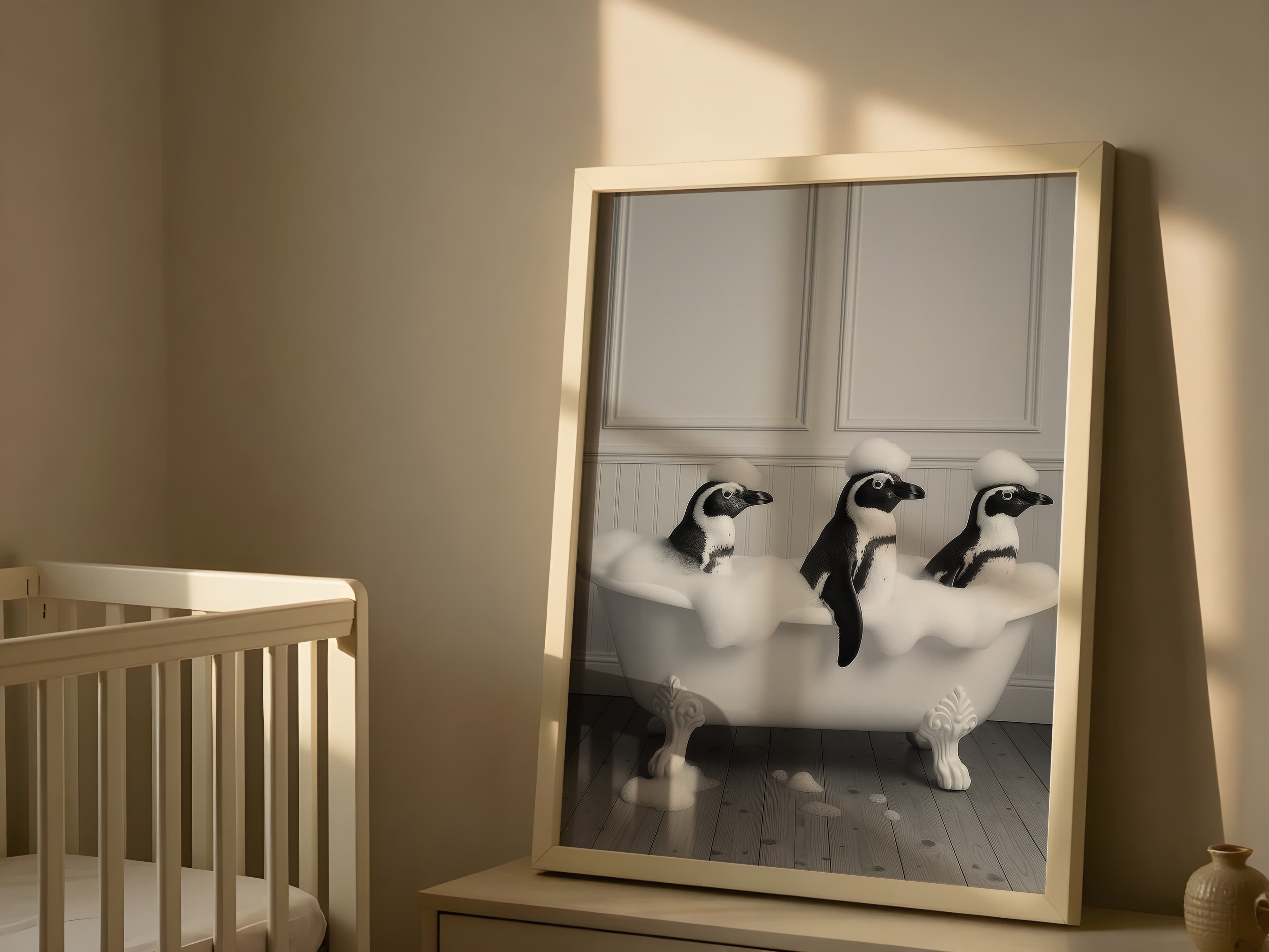 Penguins in Bathtub Print, Funny Bathroom Wall Art, Deadpan Animal Humor