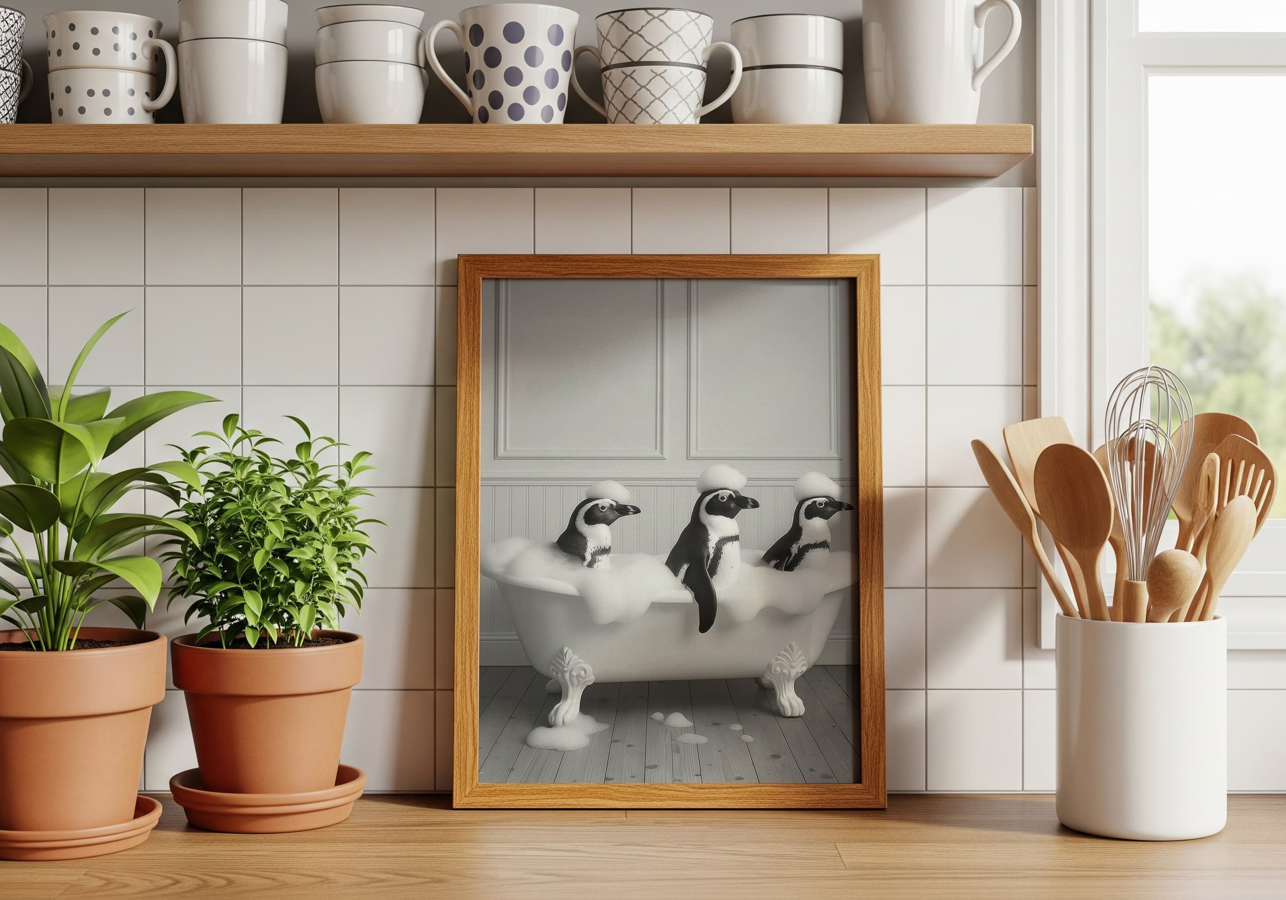 Penguins in Bathtub Print, Funny Bathroom Wall Art, Deadpan Animal Humor