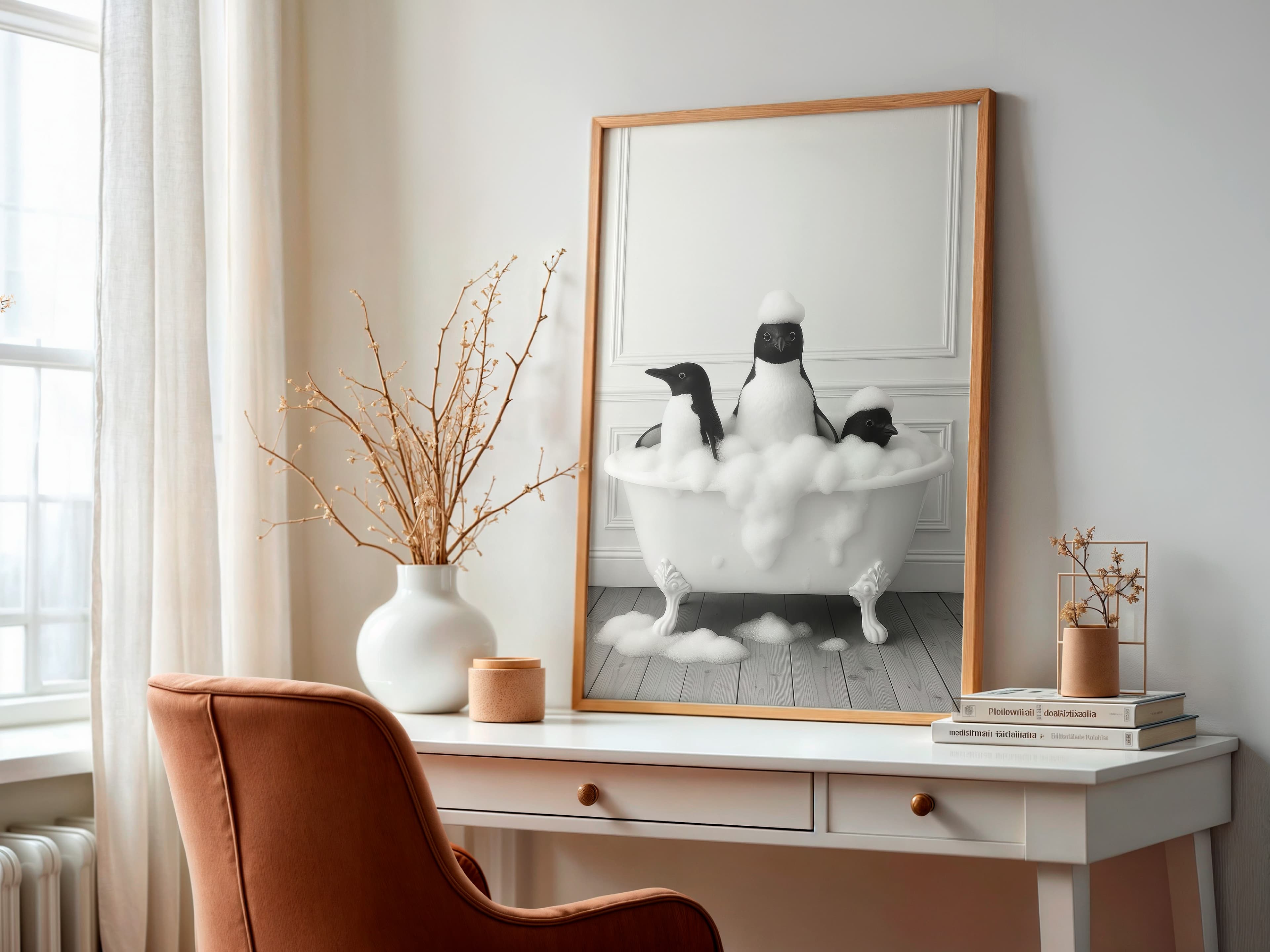 Penguins in Bathtub Print, Funny Bathroom Wall Art, Animal Humor Poster